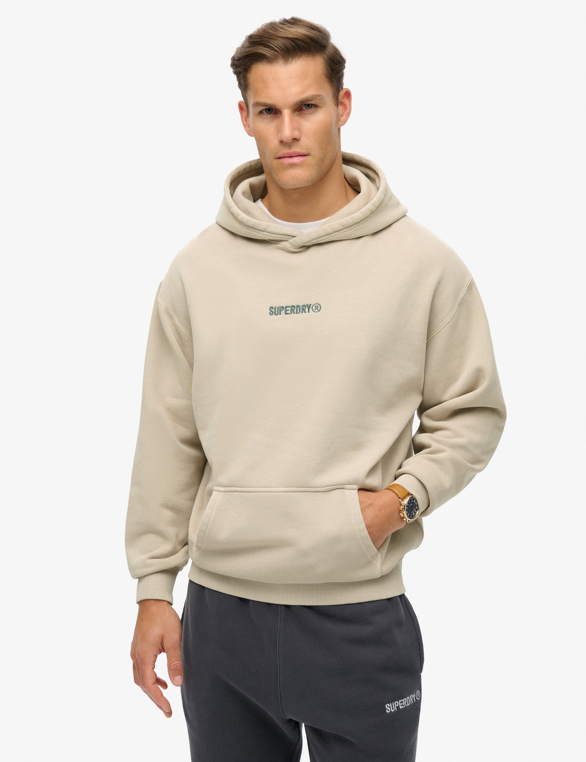 Superdry Men's Cotton Rich Embroidered Logo Graphic Hoodie - Beige, Beige