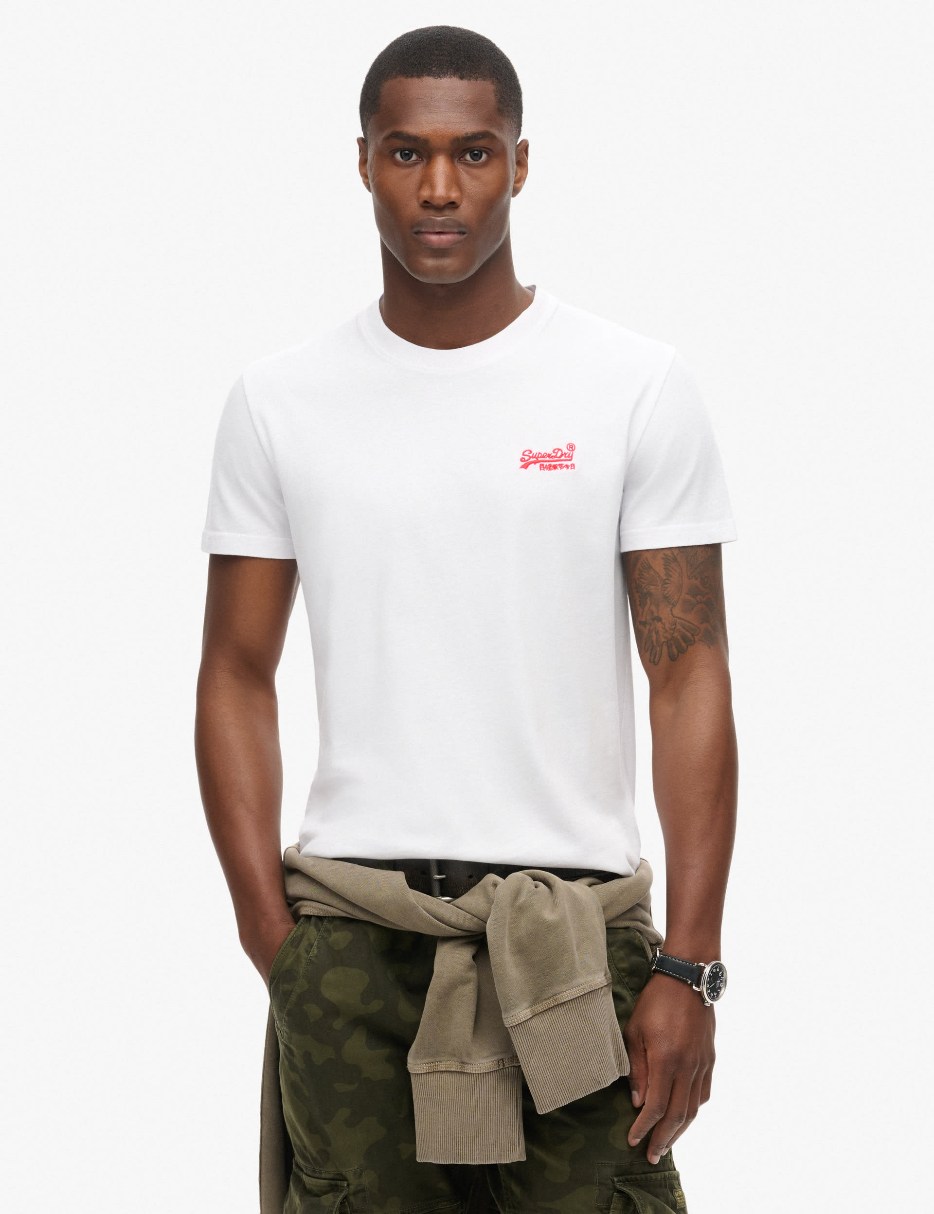 Superdry Men's Slim Fit Pure Cotton Crew Neck Logo T-Shirt - White, White