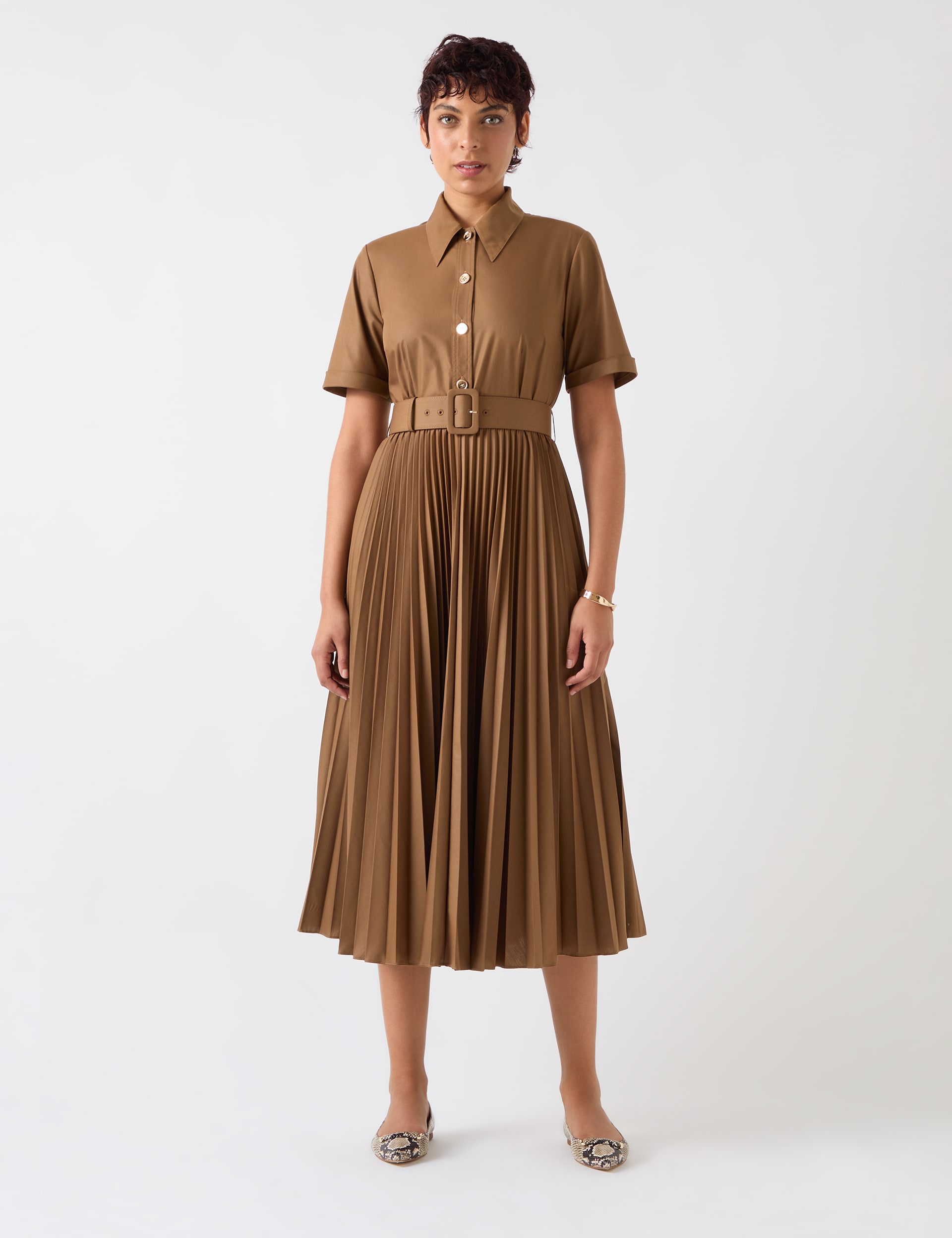 Lk Bennett Women's Collared Belted Pleated Midi Shirt Dress - 12 - Brown, Brown