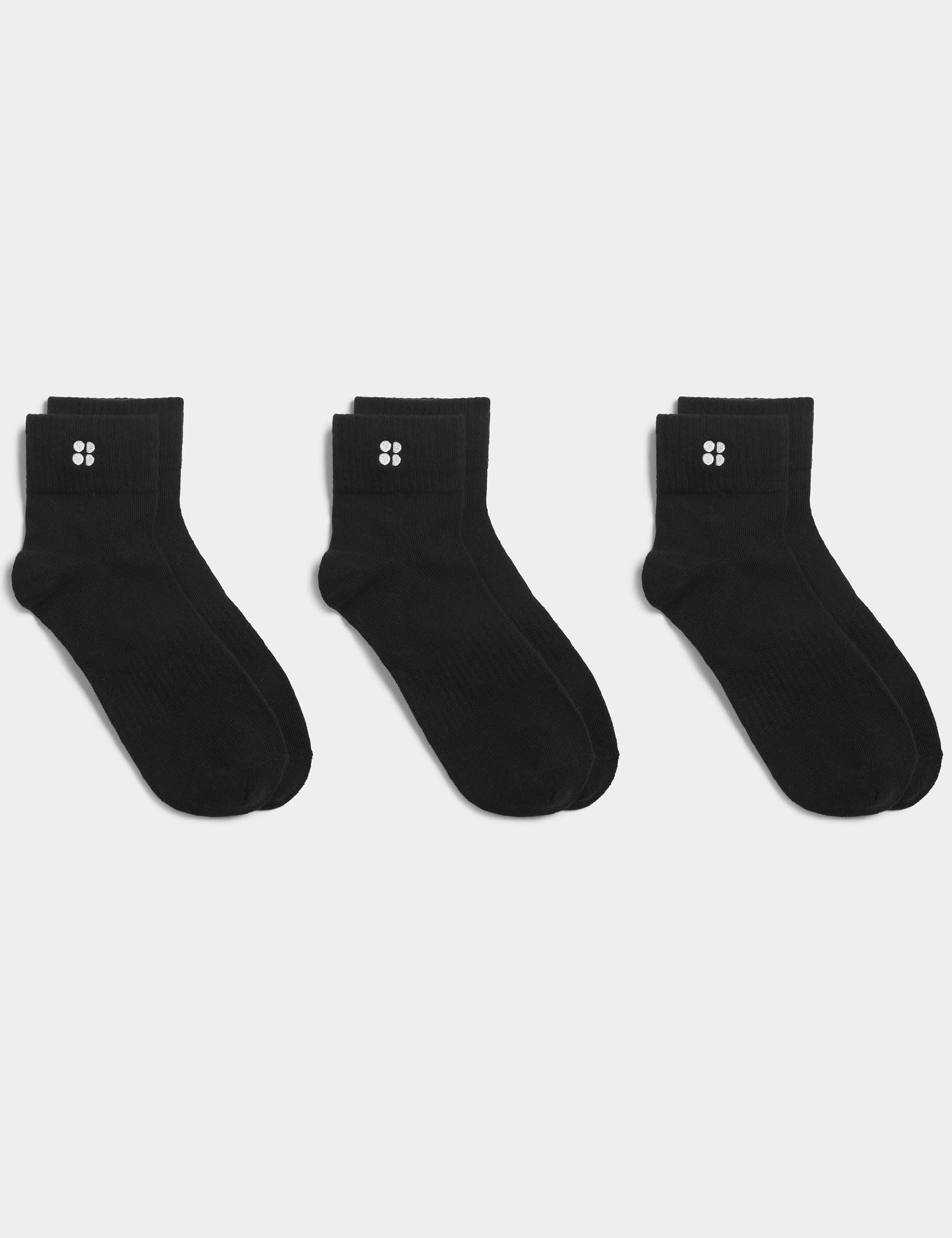 Sweaty Betty 3pk Essentials Cotton Rich Ankle Socks - M-L - Black, White,Black