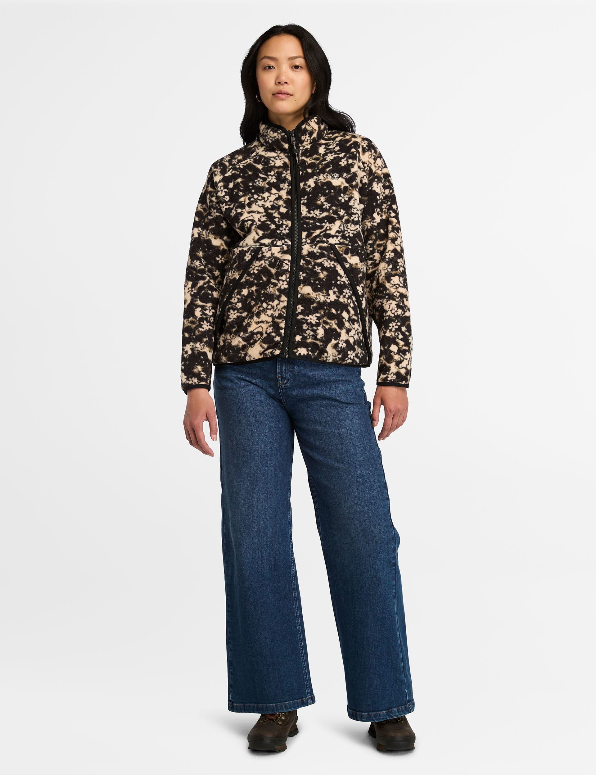 Timberland Women's Floral Printed Funnel Neck Fleece Jacket - M - Black Mix, Black Mix,Red Mix