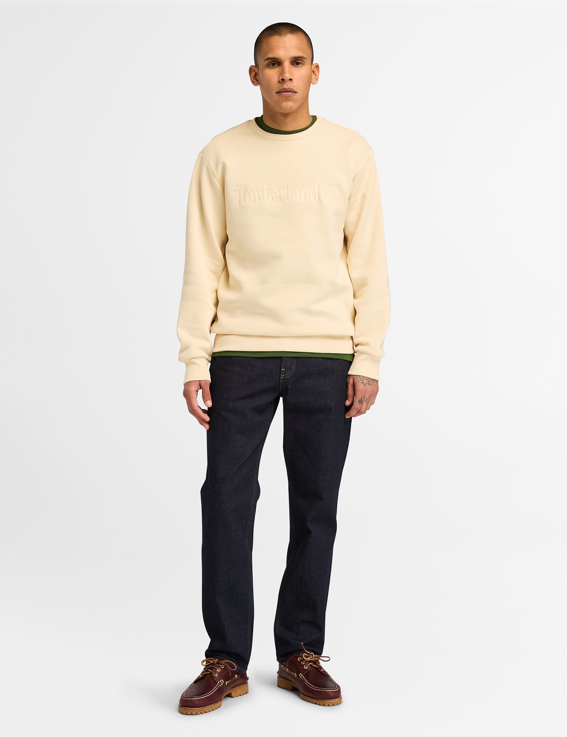 Timberland Men's Hampthon Cotton Rich Crew Neck Sweatshirt - L - Cream, Cream,Dark Navy