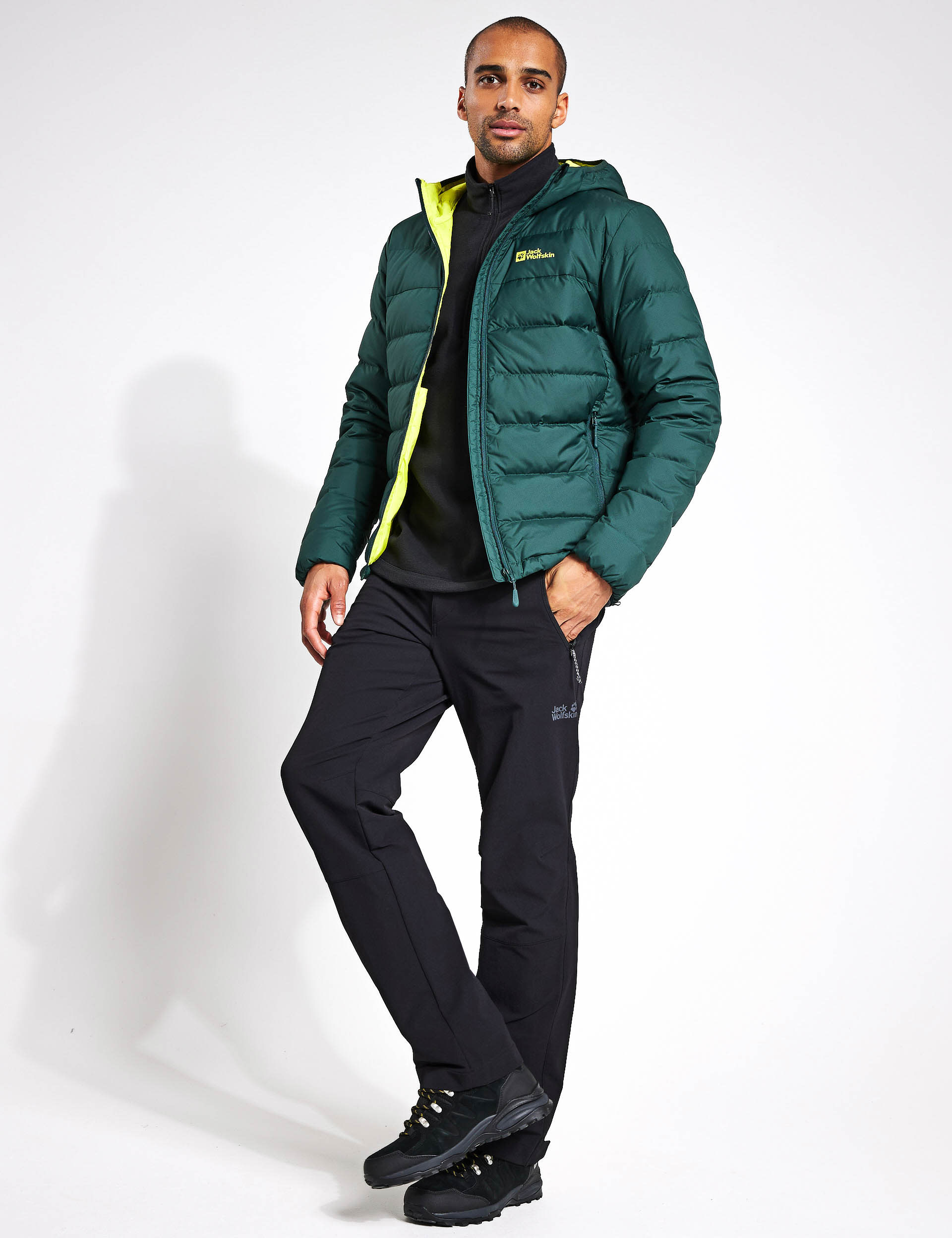 Jack Wolfskin Men's Ather Down Hooded Puffer Jacket - L - Dark Green, Black,Dark Green