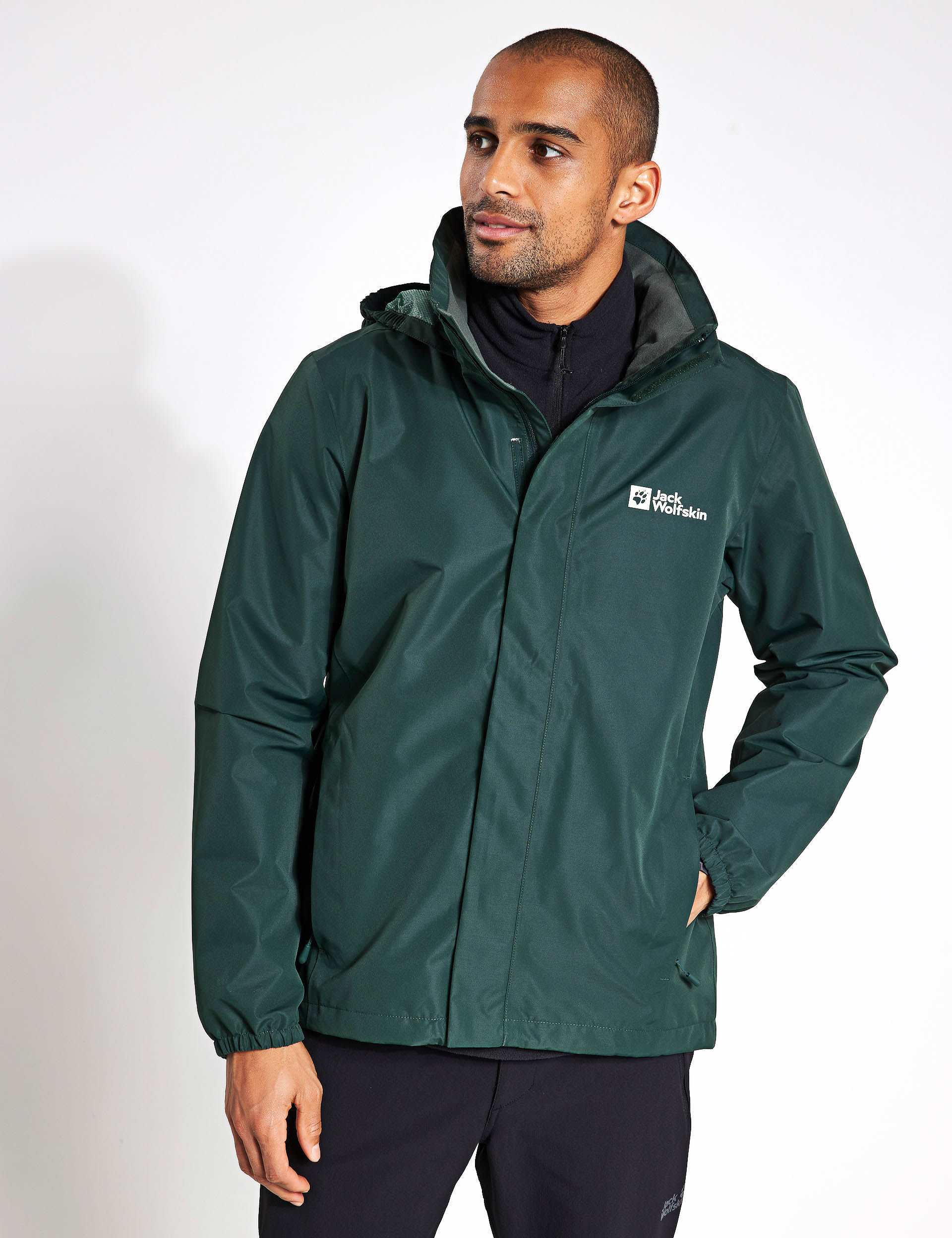 Jack Wolfskin Men's Stormy Point 2L Waterproof Hooded Jacket - Dark Green, Dark Green,Black