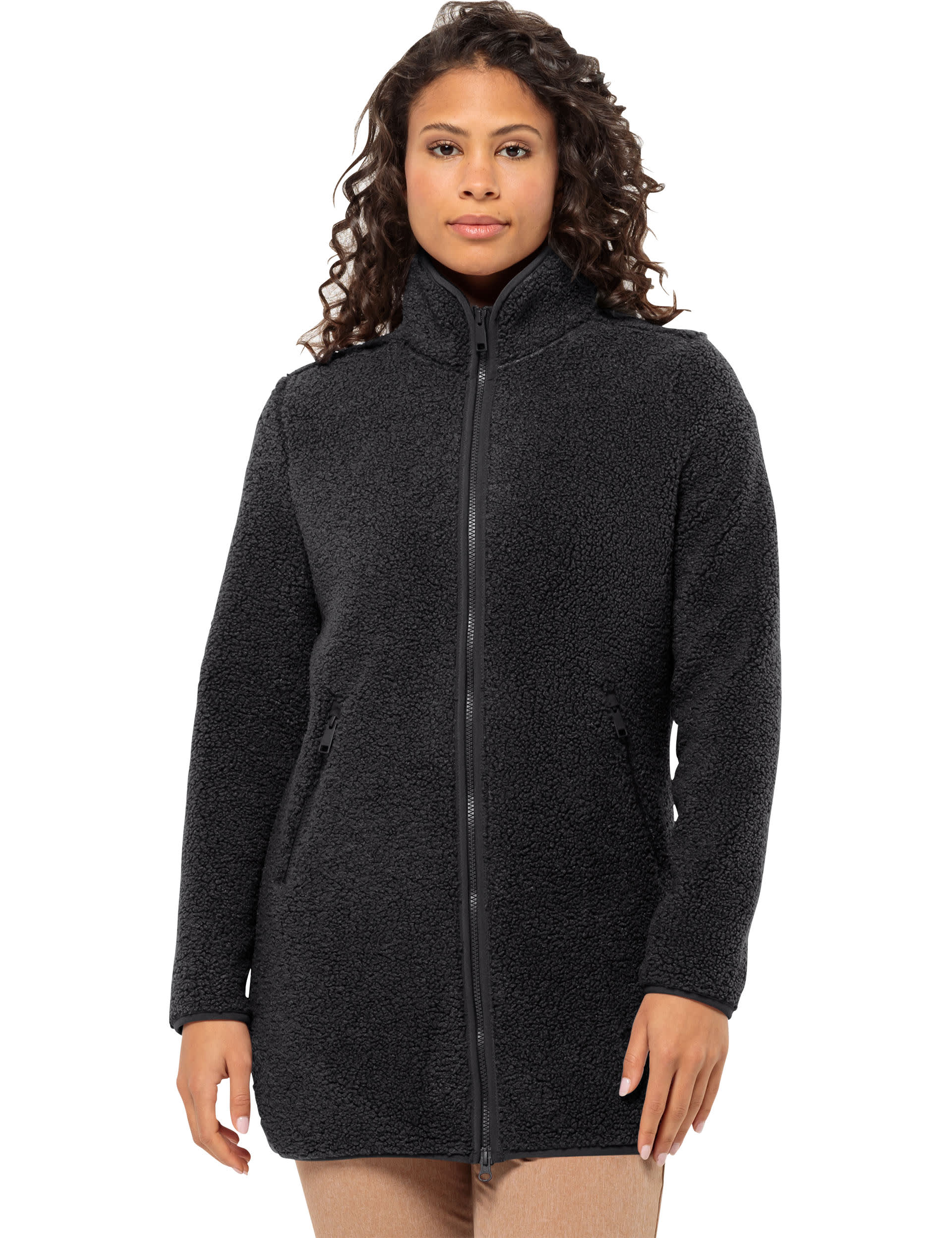 Jack Wolfskin Women's High Curl High Neck Longline Fleece Jacket - 14 - Black, Black,Beige,Dark Navy