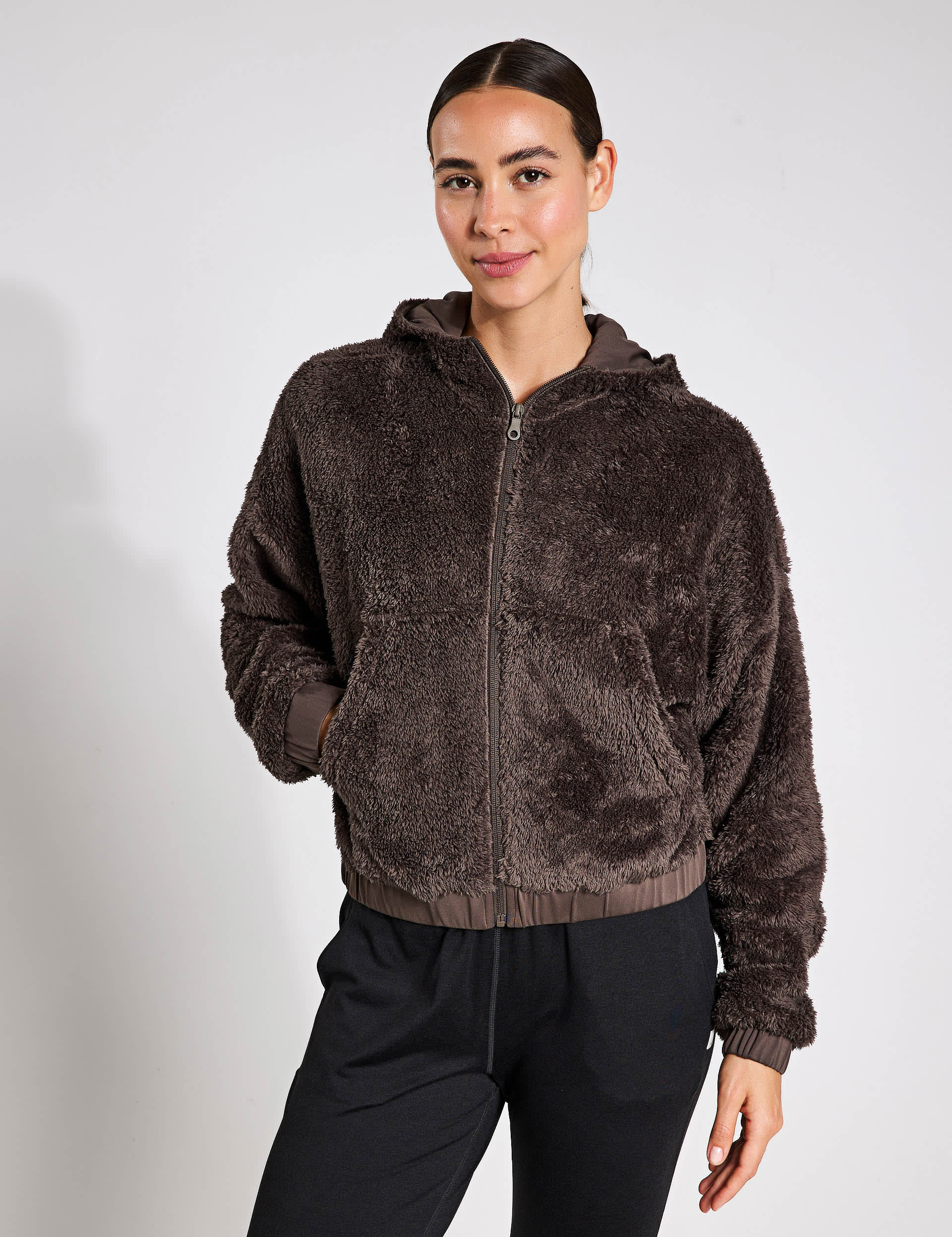 Girlfriend Collective Women's Fleece Hooded Bomber Jacket - XS - Dark Brown, Dark Brown,Stone