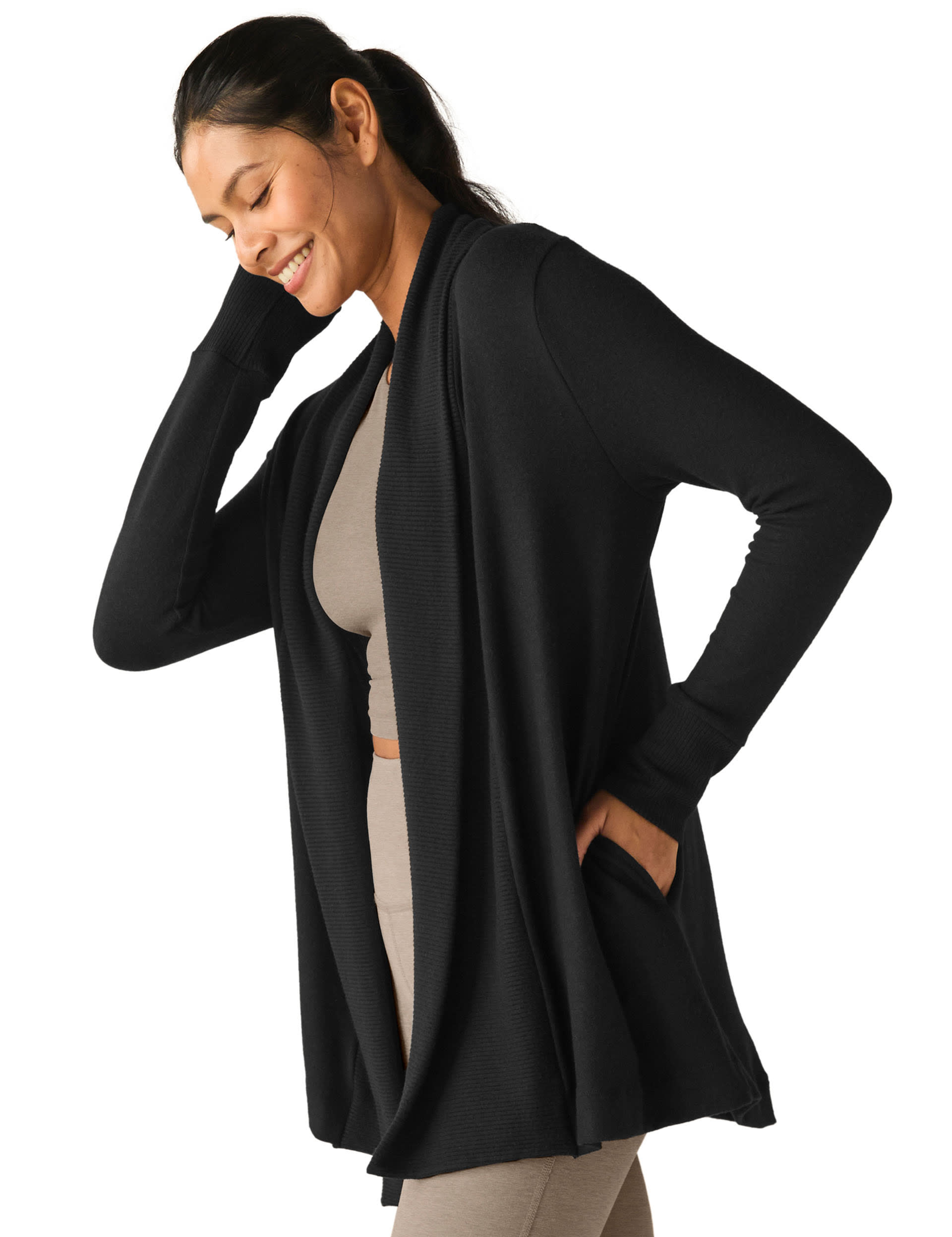 Beyond Yoga Women's Relax Rib Edge to Edge Relaxed Cardigan - M - Black, White,Black