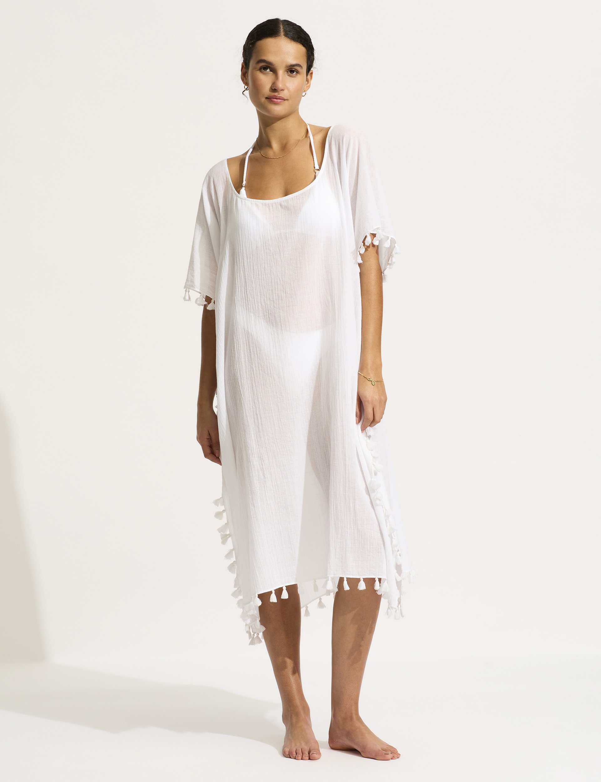 Seafolly Women's Amnesia Pure Cotton Tassel Trim Kaftan Beach Dress - White, White