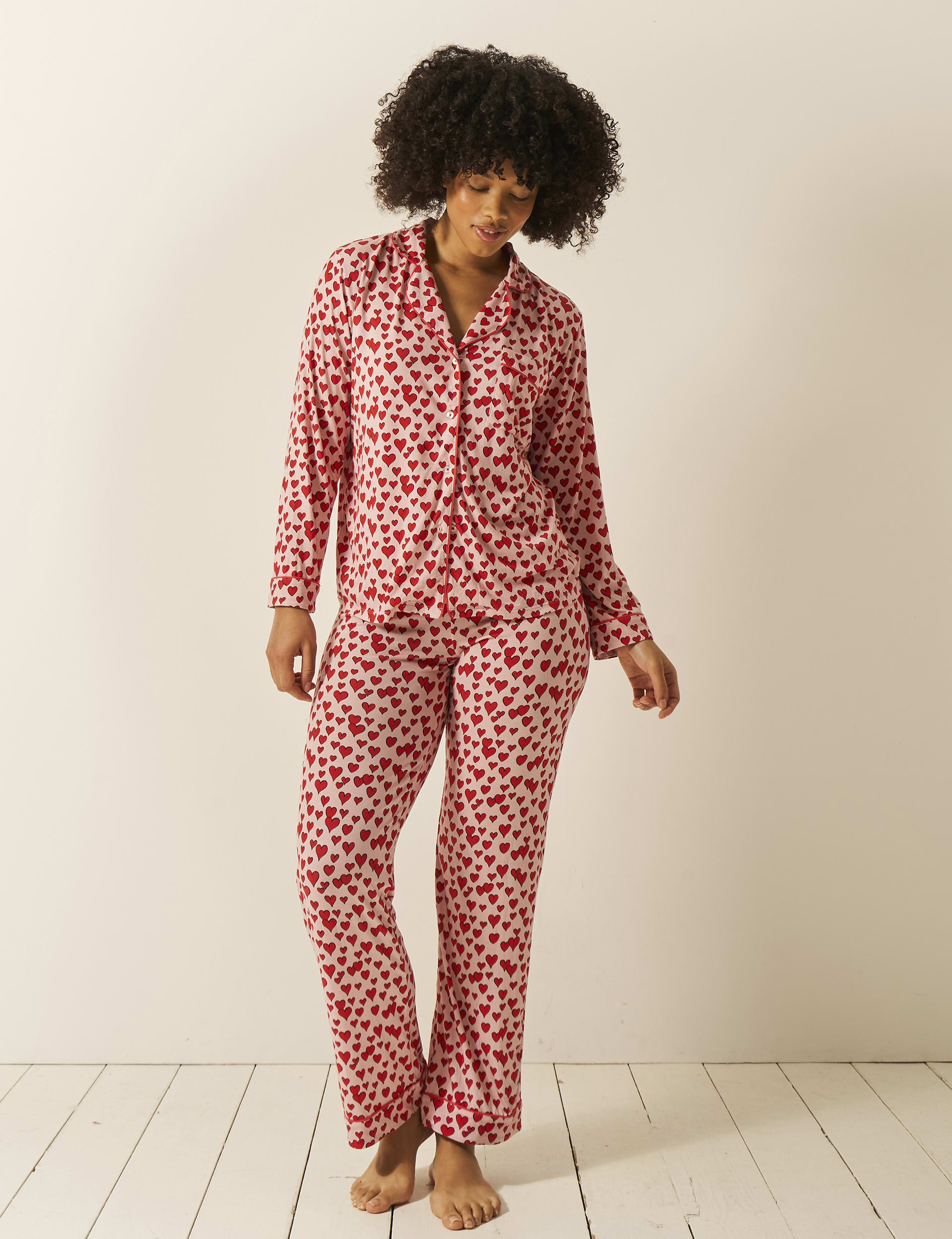 Stripe & Stare Women's Modal Rich Heart Print Revere Pyjama Set - Multi, Multi