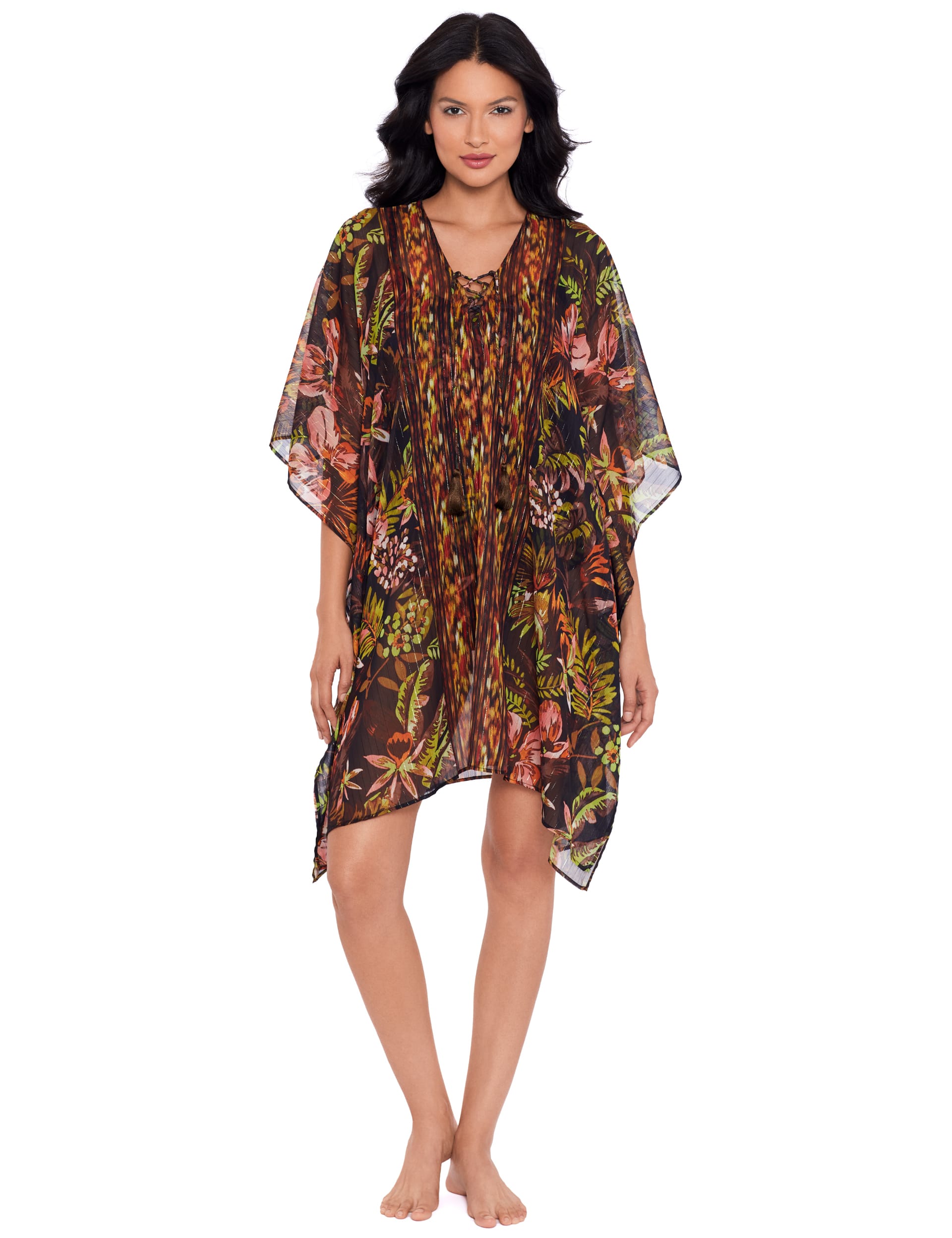 Miraclesuit Women's Sheer Floral V-Neck Kaftan Dress - Black Mix, Black Mix