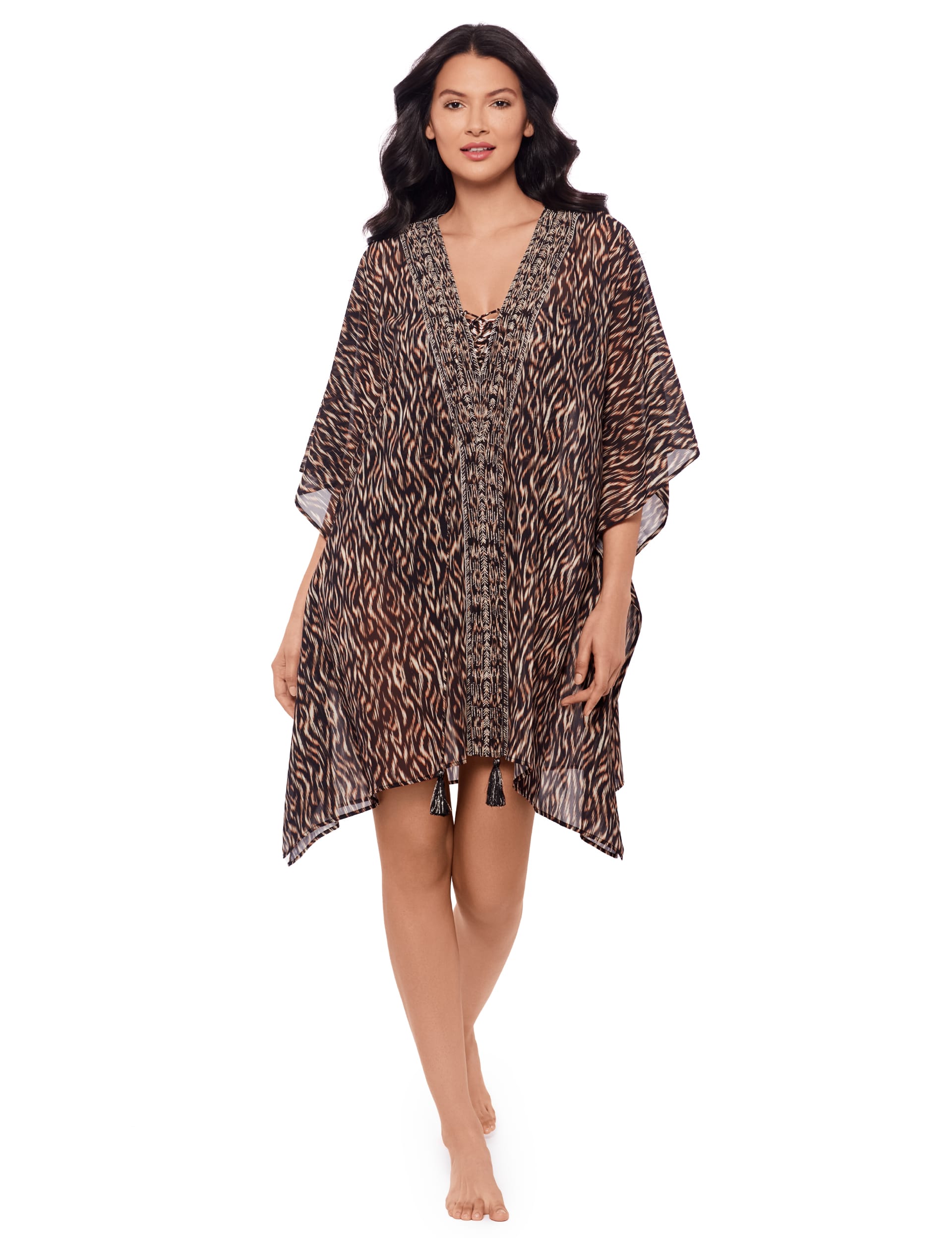 Miraclesuit Women's Printed V-Neck Angel Sleeve Kaftan Dress - Black Mix, Black Mix