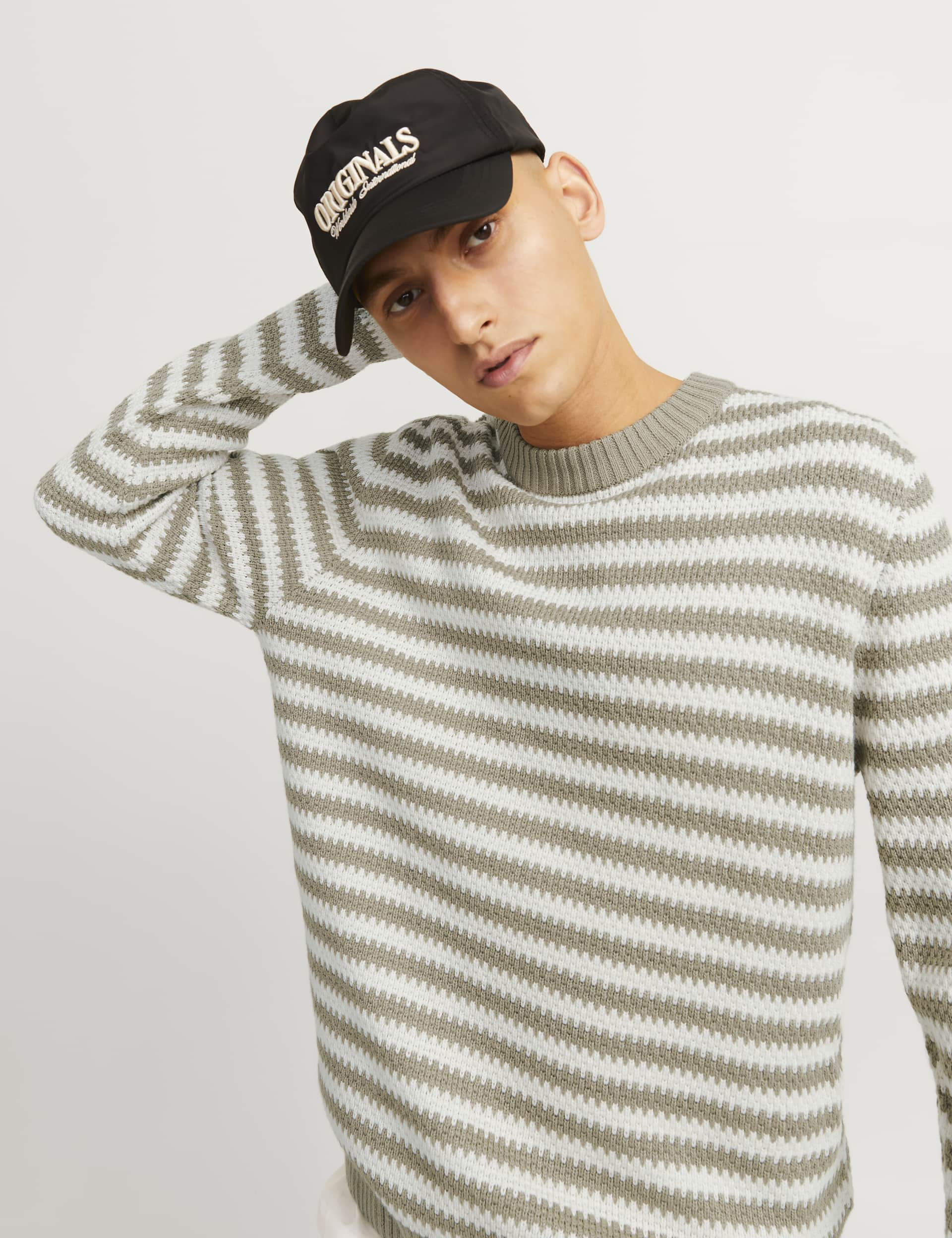 Jack & Jones Men's Cotton Blend Striped Crew Neck Jumper - Cream Mix, Cream Mix