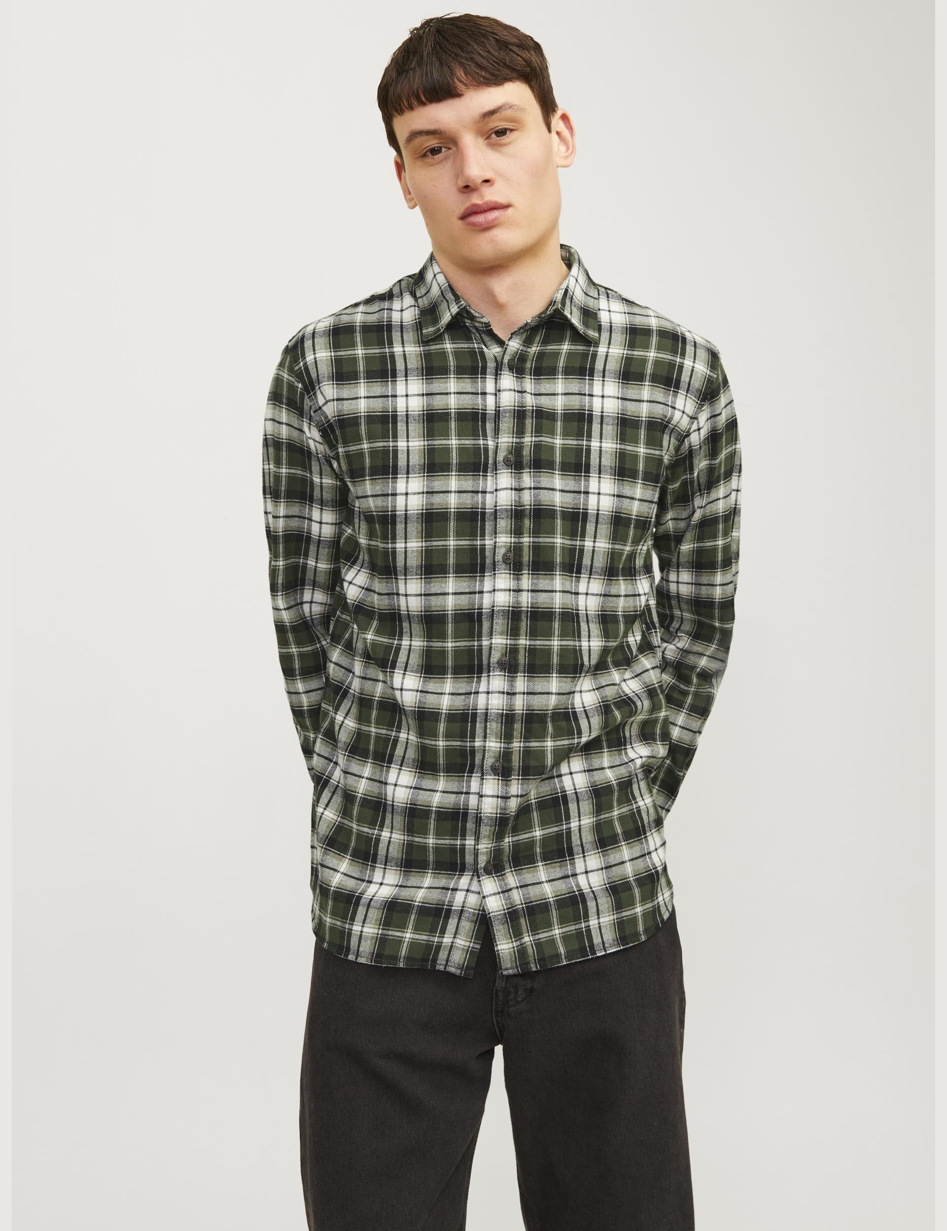 Jack & Jones Men's Cotton Rich Check Flannel Shirt - Green Mix, Green Mix