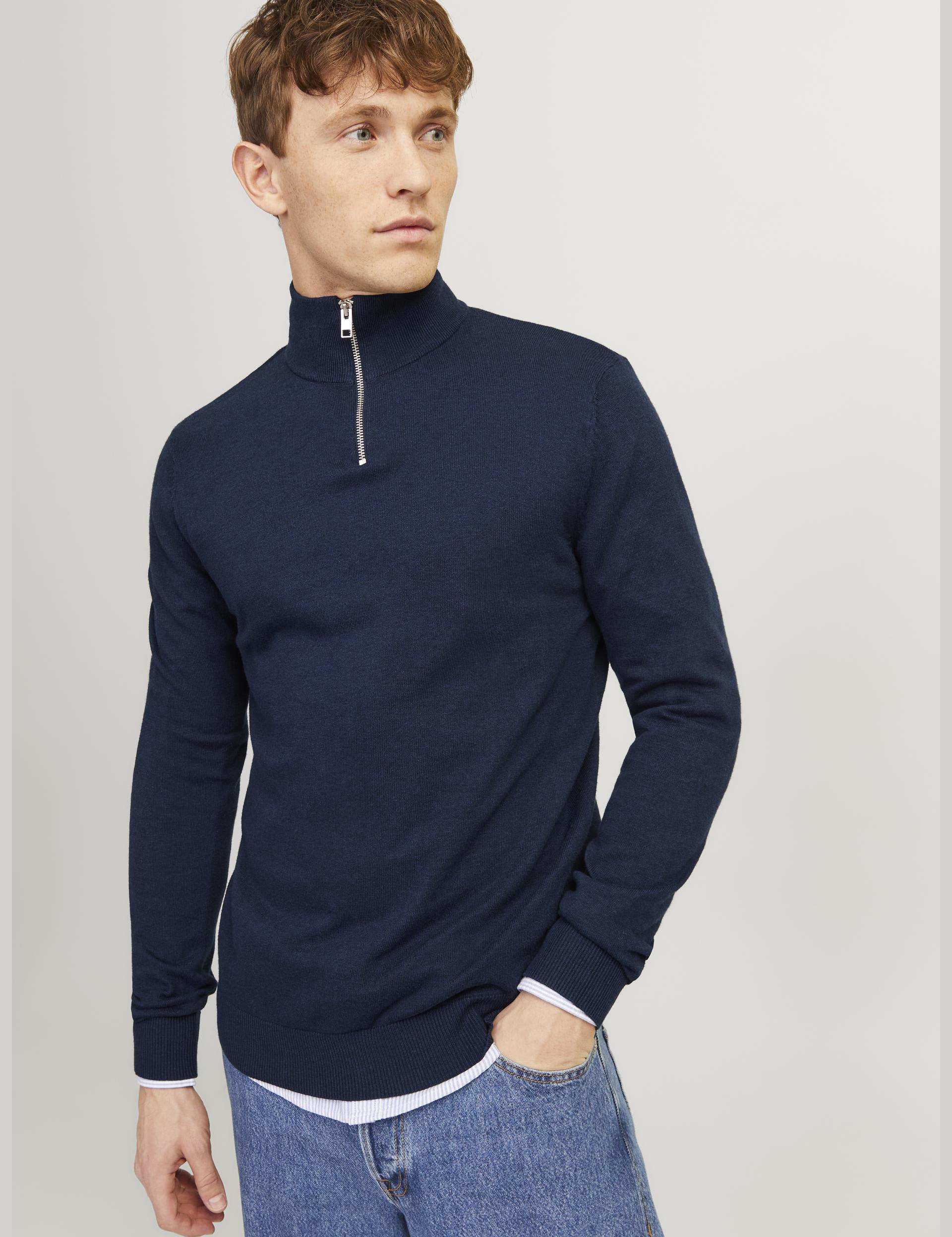 Jack & Jones Men's Cotton Rich Half Zip Jumper - Navy, Navy,Dark Grey