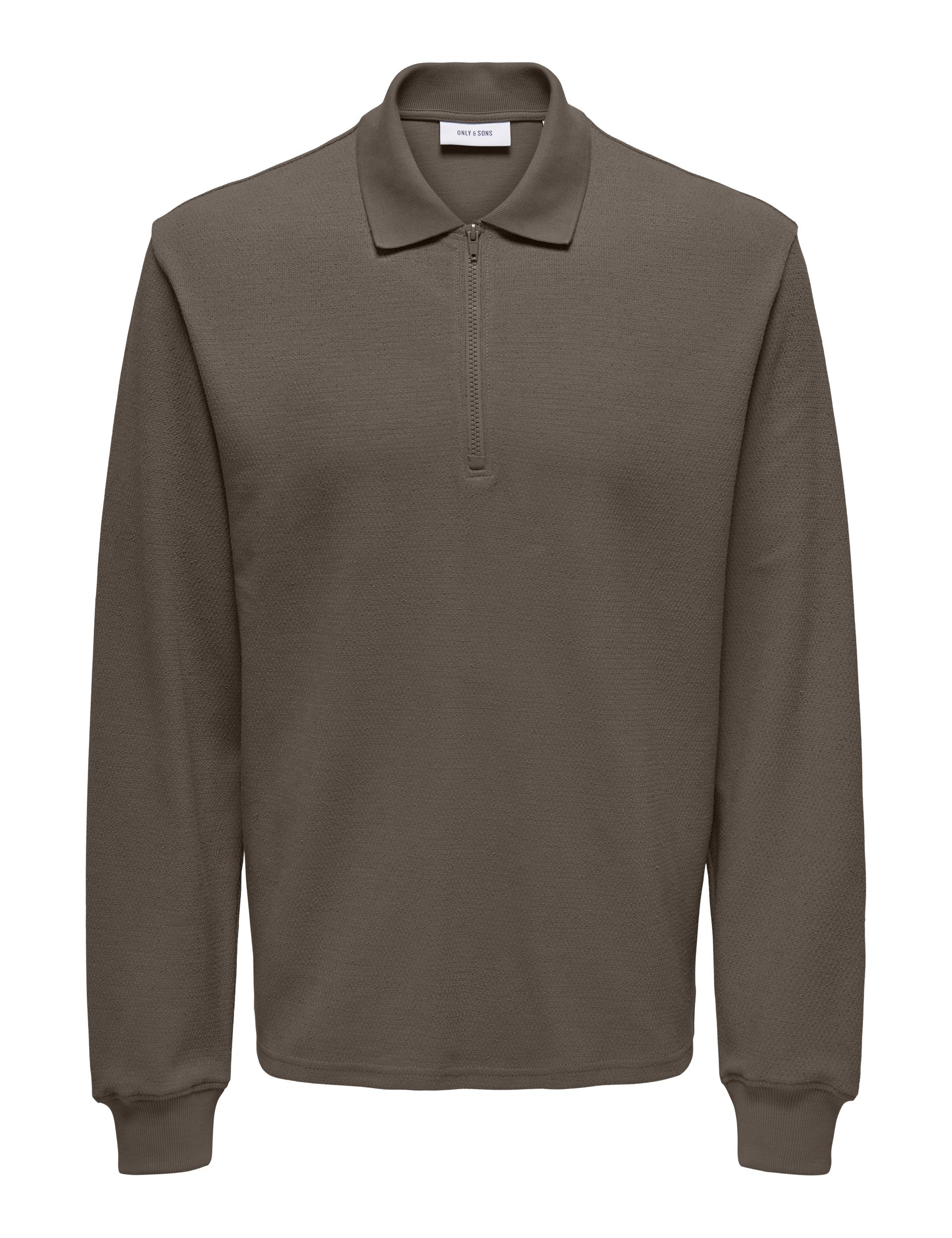 Only & Sons Men's Cotton Rich Half Zip Long Sleeve Polo Shirt - Brown, Brown,White