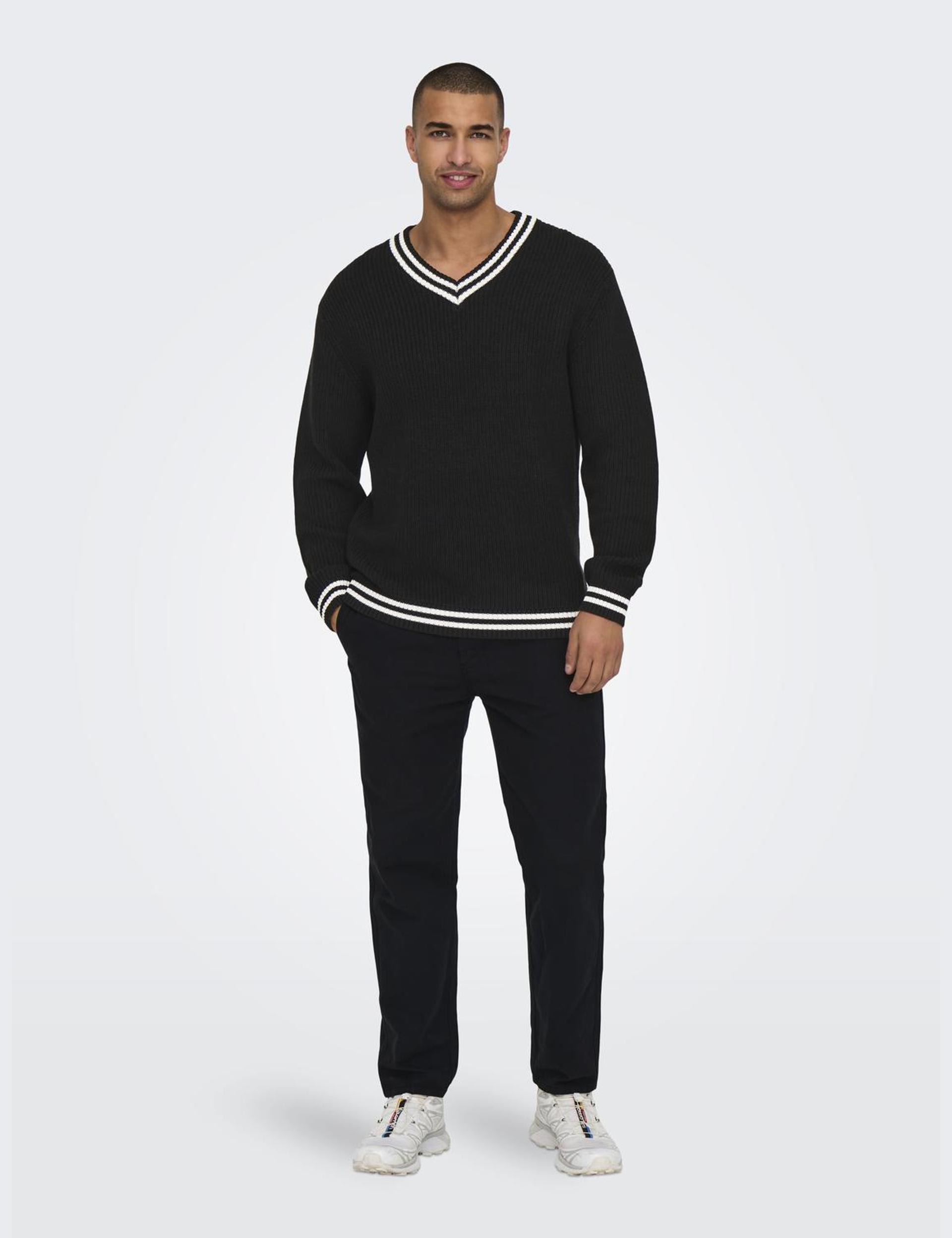 Only & Sons Men's Cotton Rich V-Neck Jumper - Black, Black,Khaki