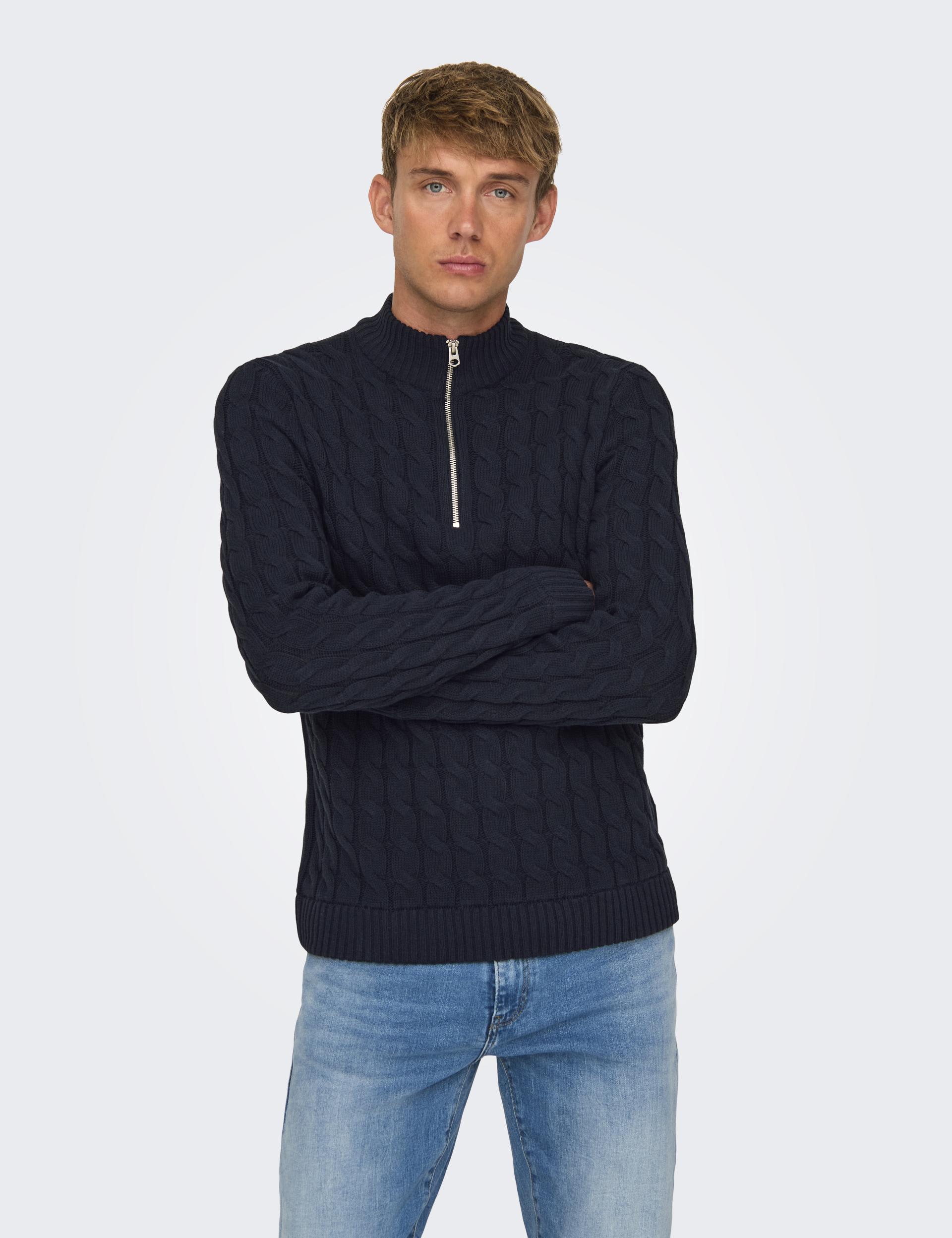 Only & Sons Men's Cotton Rich Cable Knit Funnel Neck Knitted Top - Navy, Grey,Navy