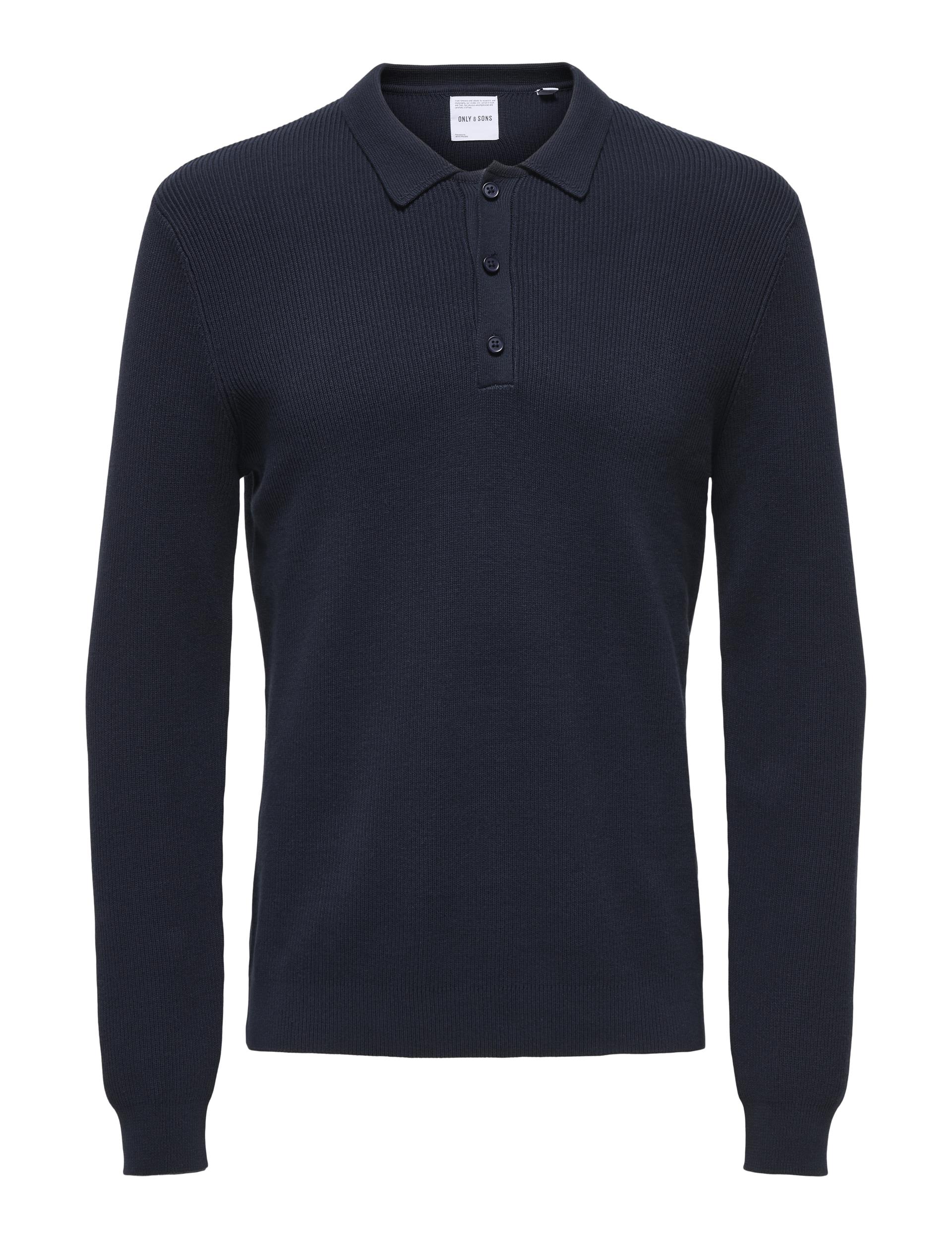 Only & Sons Men's Cotton Rich Ribbed Knitted Polo Shirt - Navy, Grey,Navy