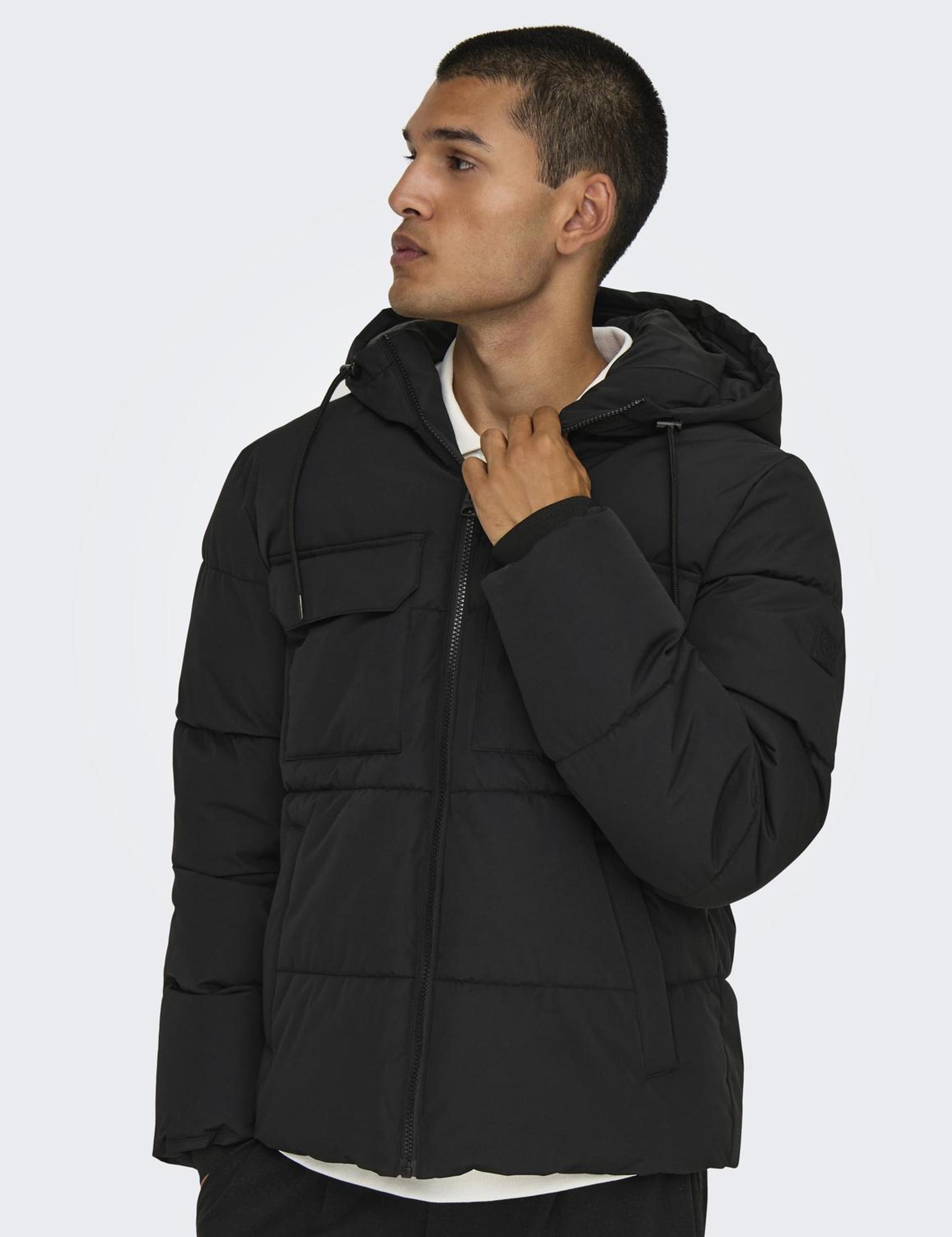 Only & Sons Men's Funnel Neck Hooded Puffer Jacket - Black, Green,Black