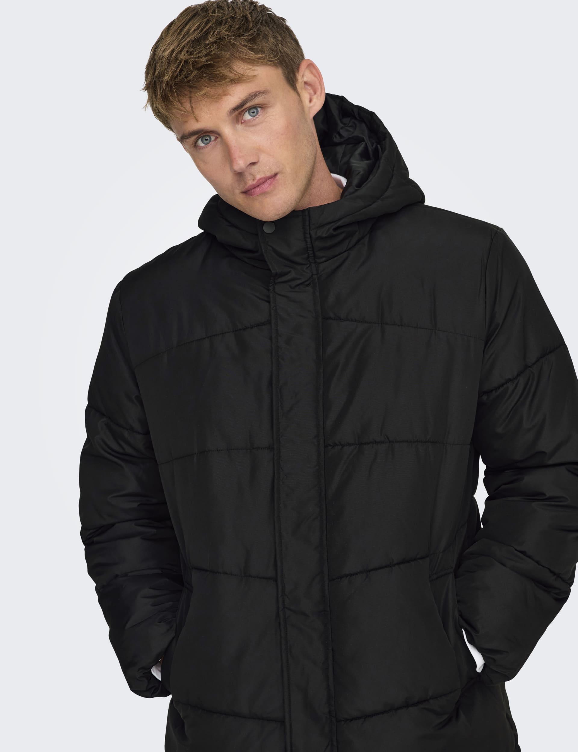 Only & Sons Men's Hooded Puffa Jacket - L - Black, Black