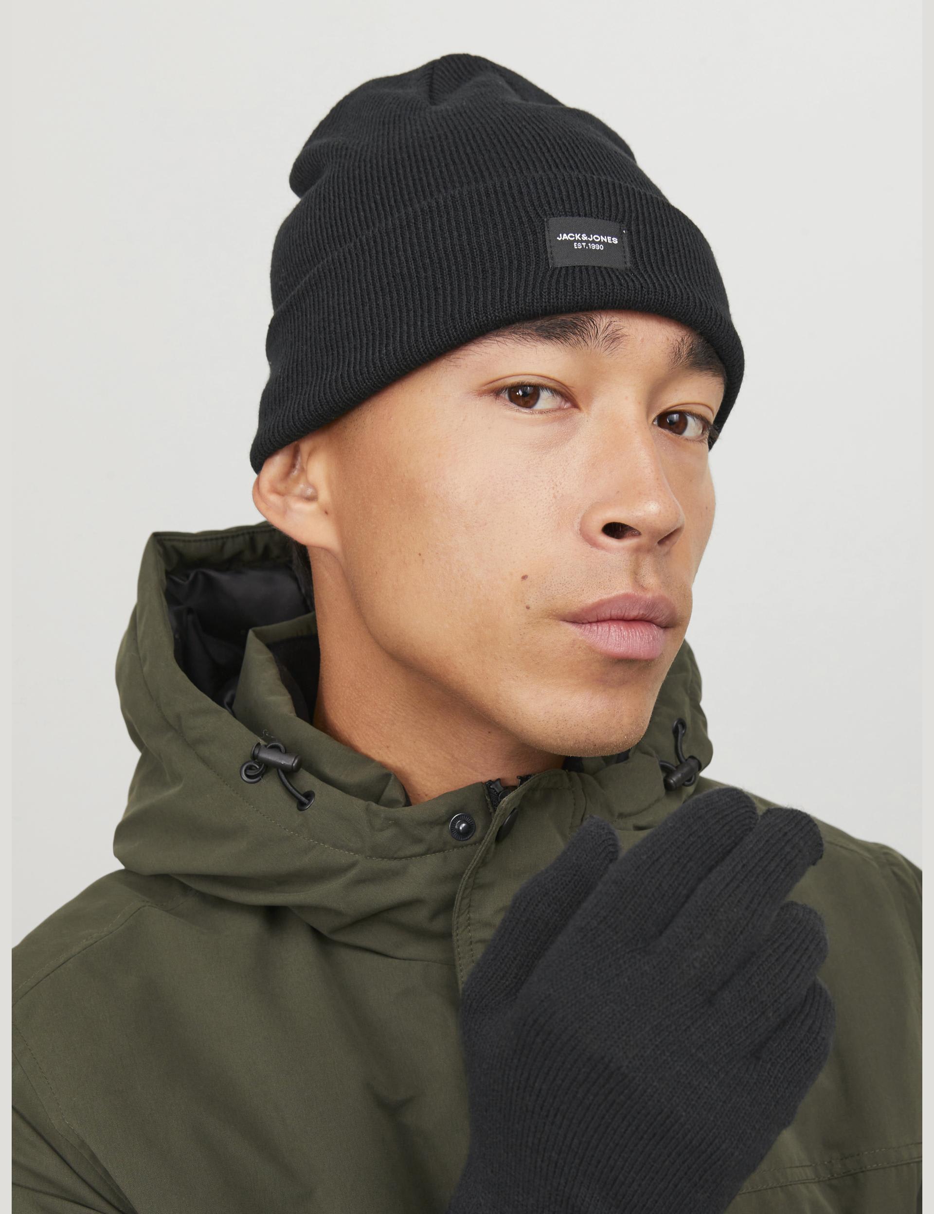 Jack & Jones Men's Knitted Beanie Hat and Gloves Gift Set - one size - Black, Black,Grey