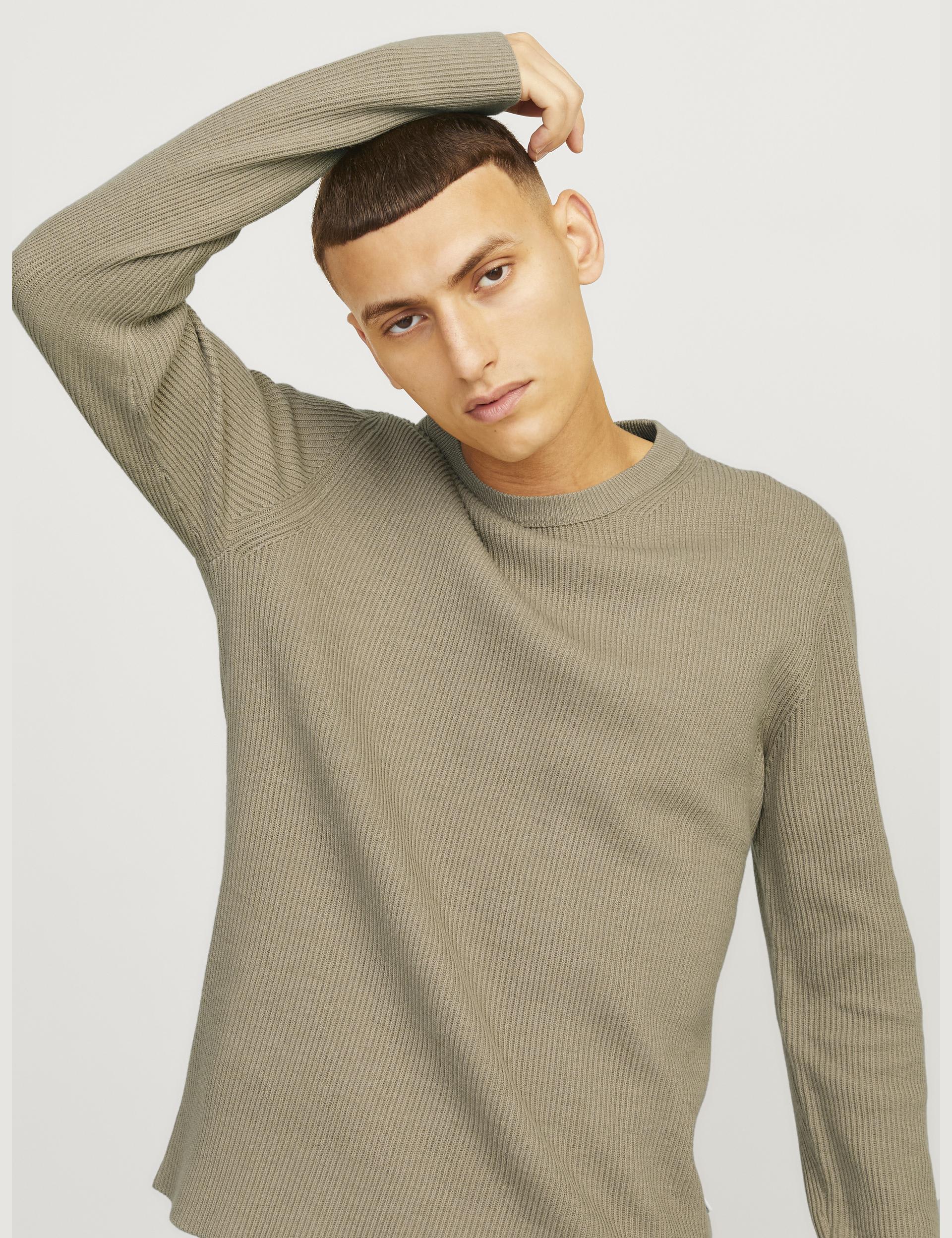 Jack & Jones Men's Cotton Blend RibbedCrew Neck Jumper - Beige, Navy,Beige