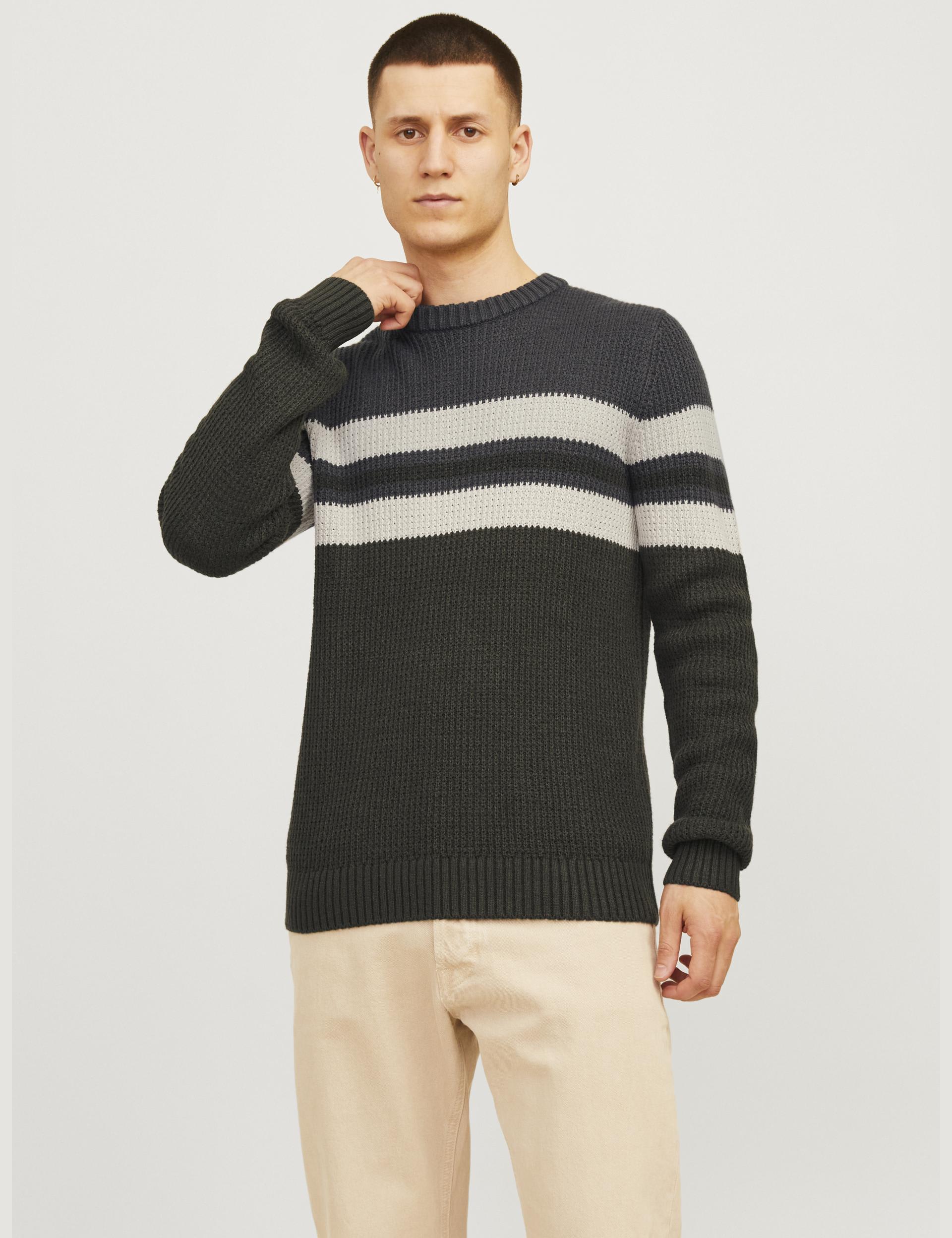 Jack & Jones Men's Cotton Blend Striped Jumper - Grey Mix, Grey Mix,Beige Mix