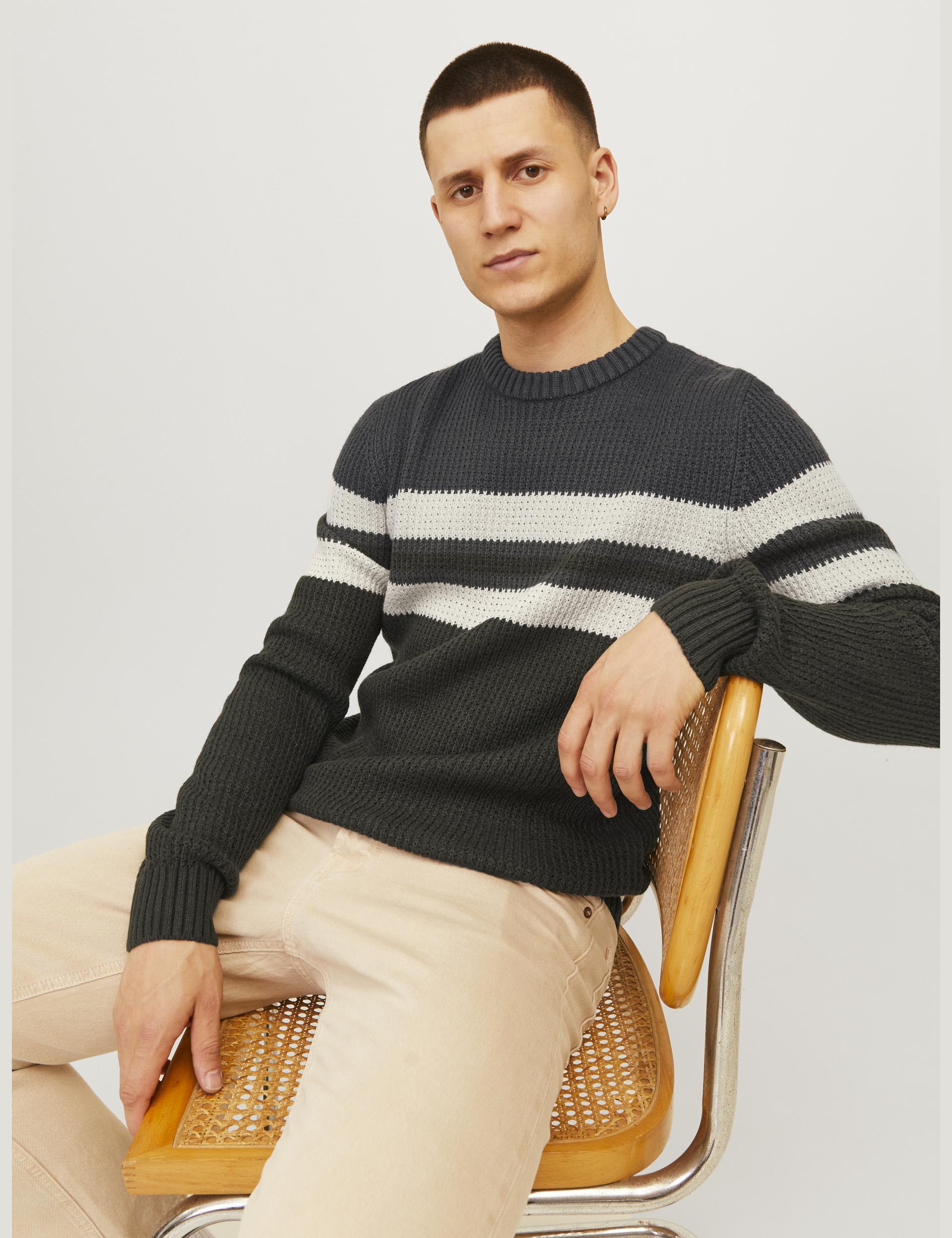 Jack & Jones Men's Cotton Blend Striped Jumper - Grey Mix, Beige Mix,Grey Mix