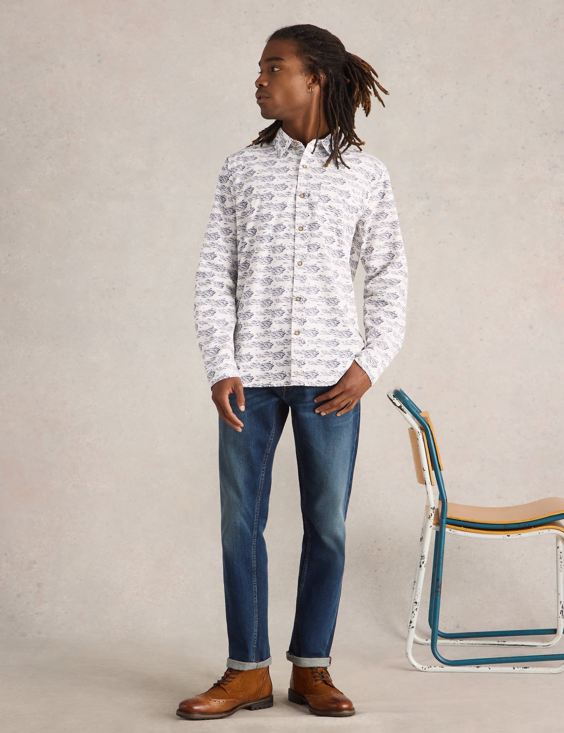 White Stuff Men's Pure Cotton Shoal Fish Print Shirt - White Mix, White Mix