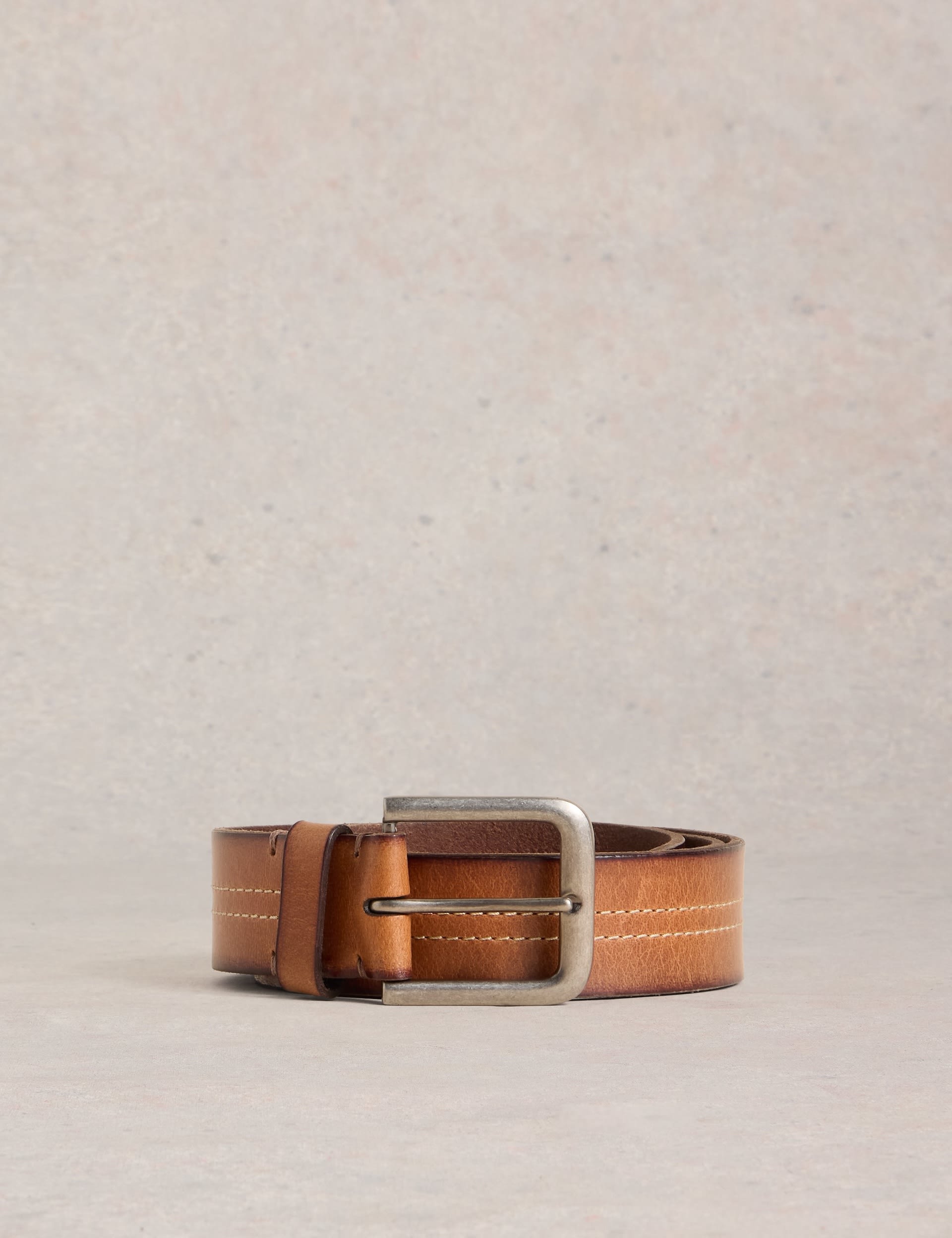 White Stuff Men's Leather Double Stitch Detail Belt - S-M - Tan, Tan