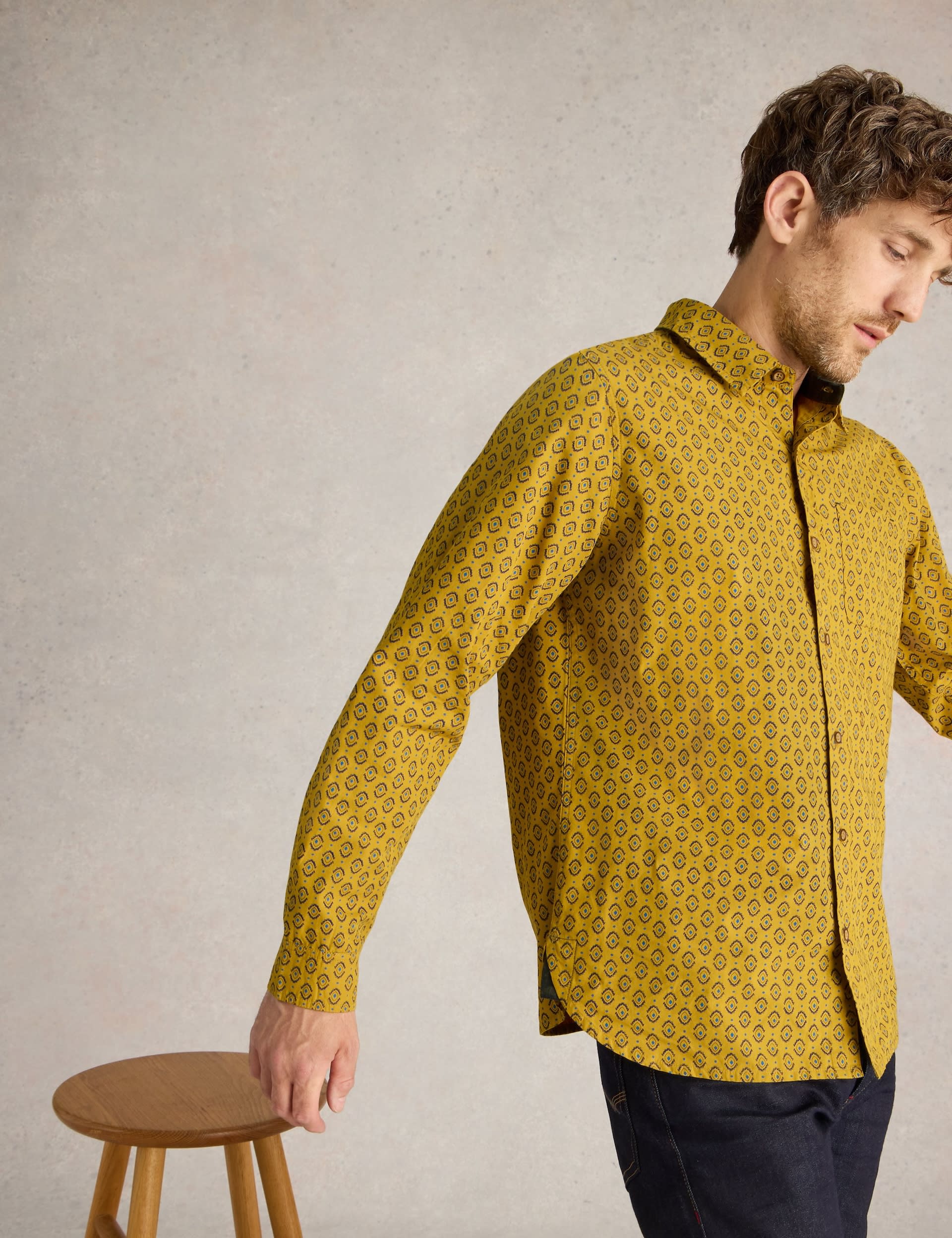 White Stuff Men's Pure Cotton Printed Shirt - Yellow Mix, Yellow Mix