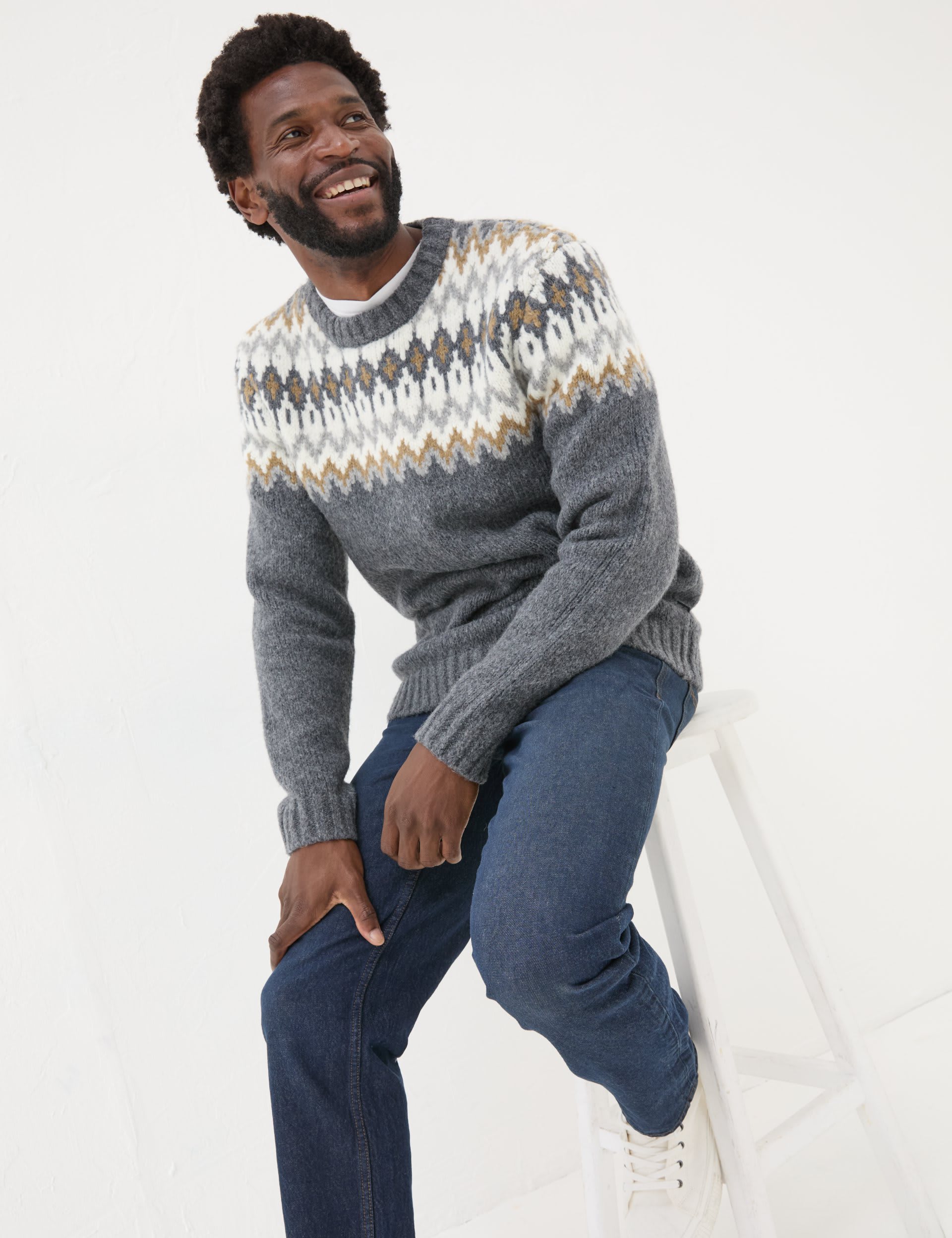 Fatface Men's Fair Isle Crew Neck Jumper with Wool - LTAL - Grey Mix, Grey Mix