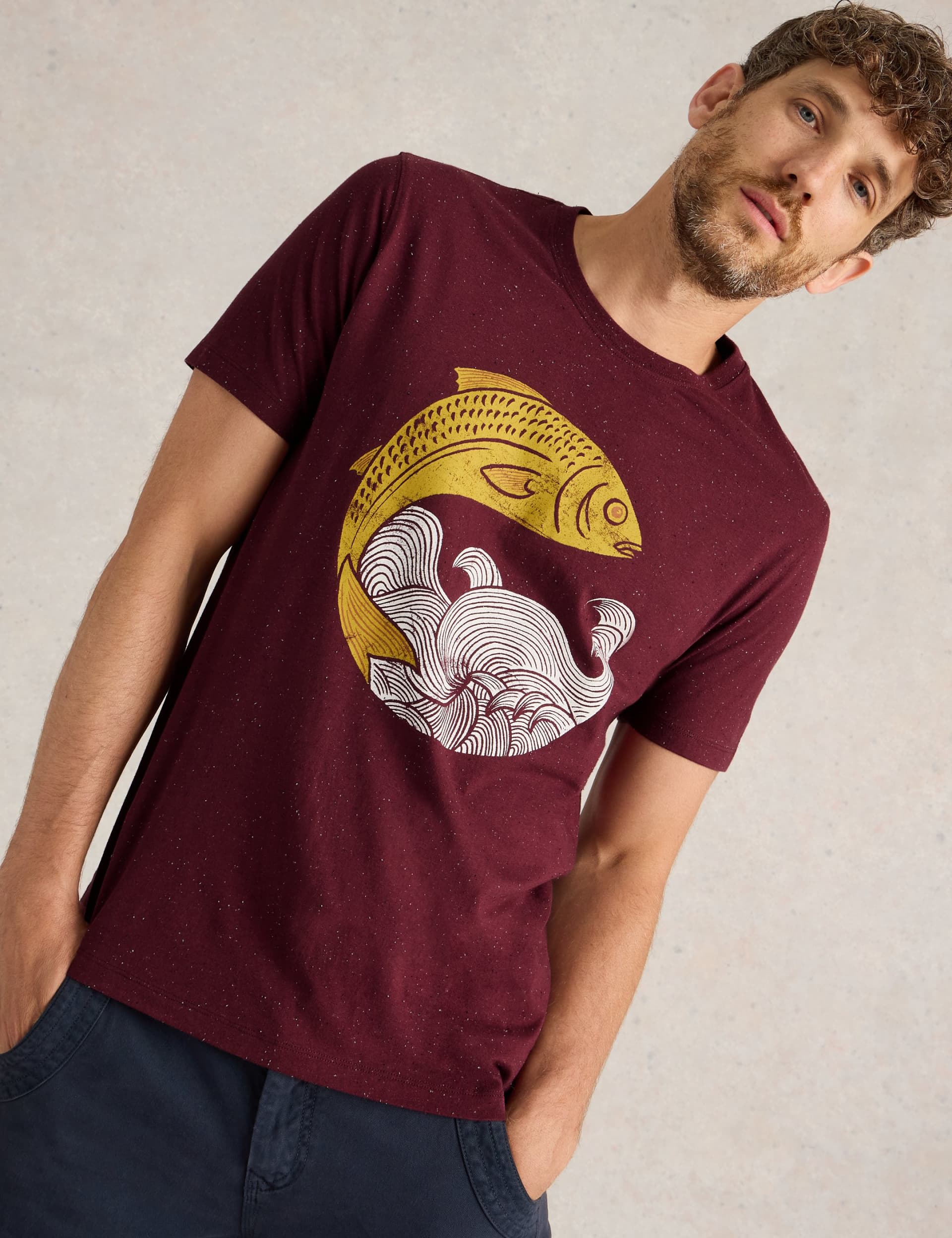 White Stuff Men's Cotton Rich Crew Neck Fish Graphic T-Shirt - XXL - Purple Mix, Purple Mix