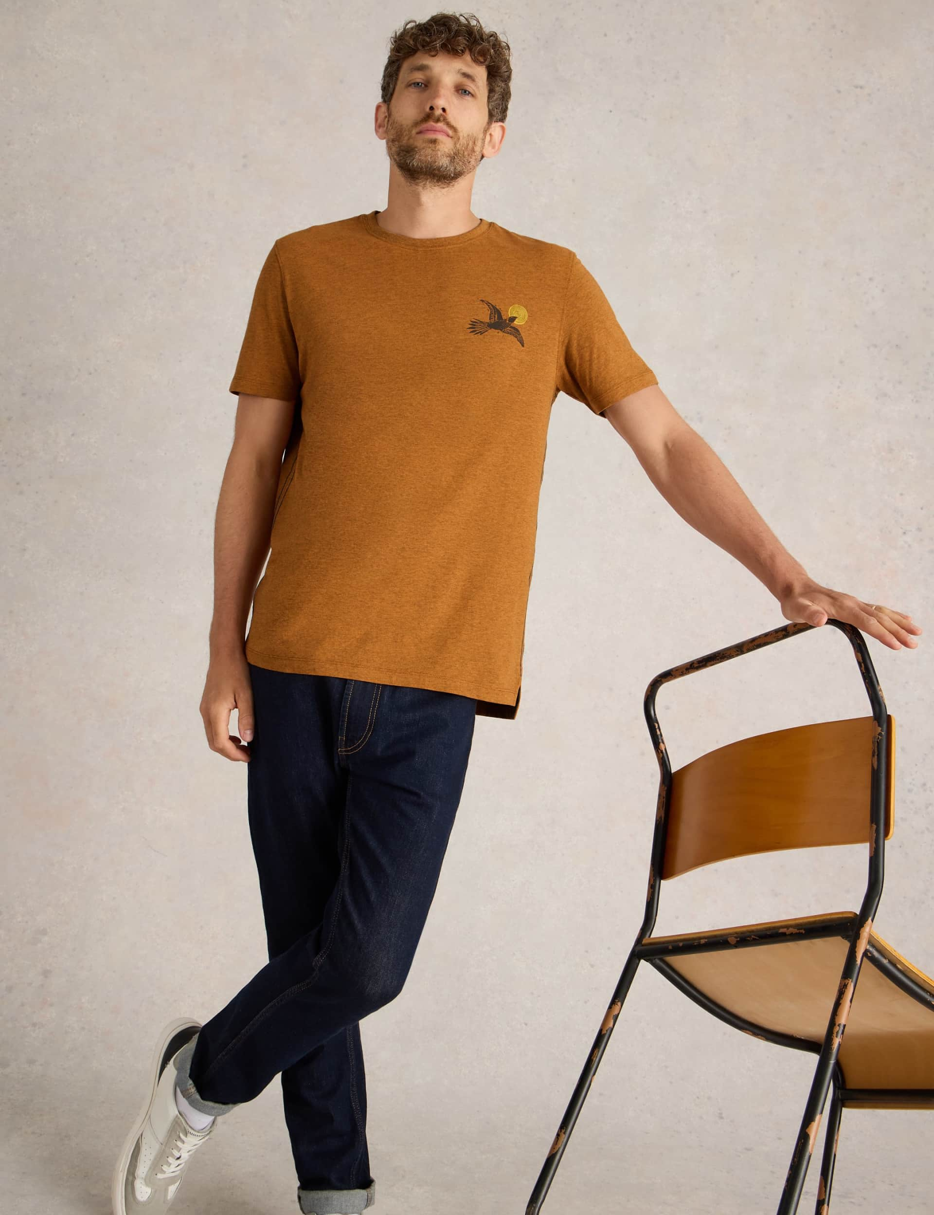 White Stuff Men's Cotton Rich Hawk Graphic T-Shirt - L - Orange Mix, Orange Mix