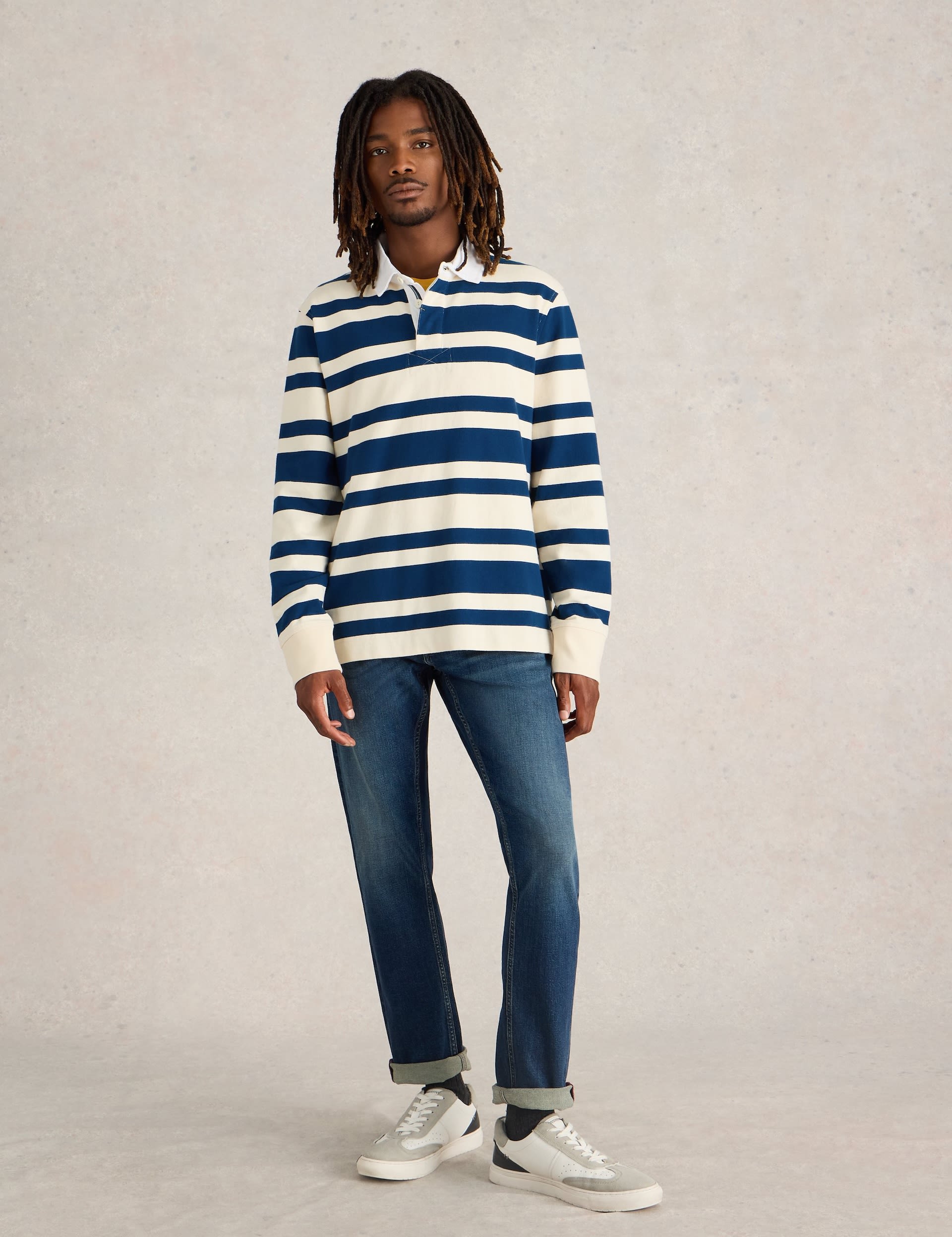 White Stuff Men's Pure Cotton Striped Long Sleeve Rugby Shirt - Navy Mix, Green Mix,Navy Mix