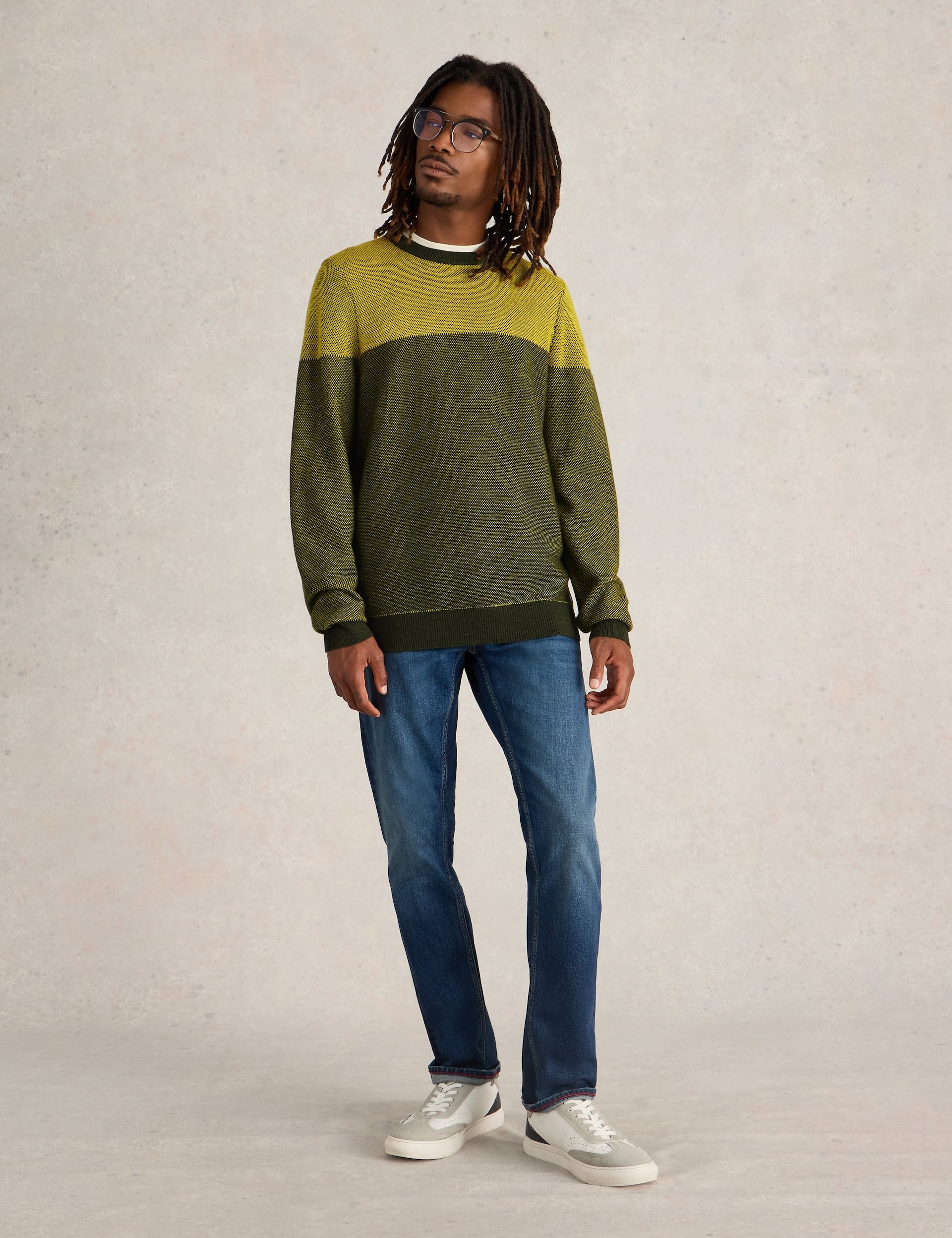 White Stuff Men's Pure Wool Jacquard Crew Neck Jumper - S - Yellow Mix, Blue Mix,Yellow Mix