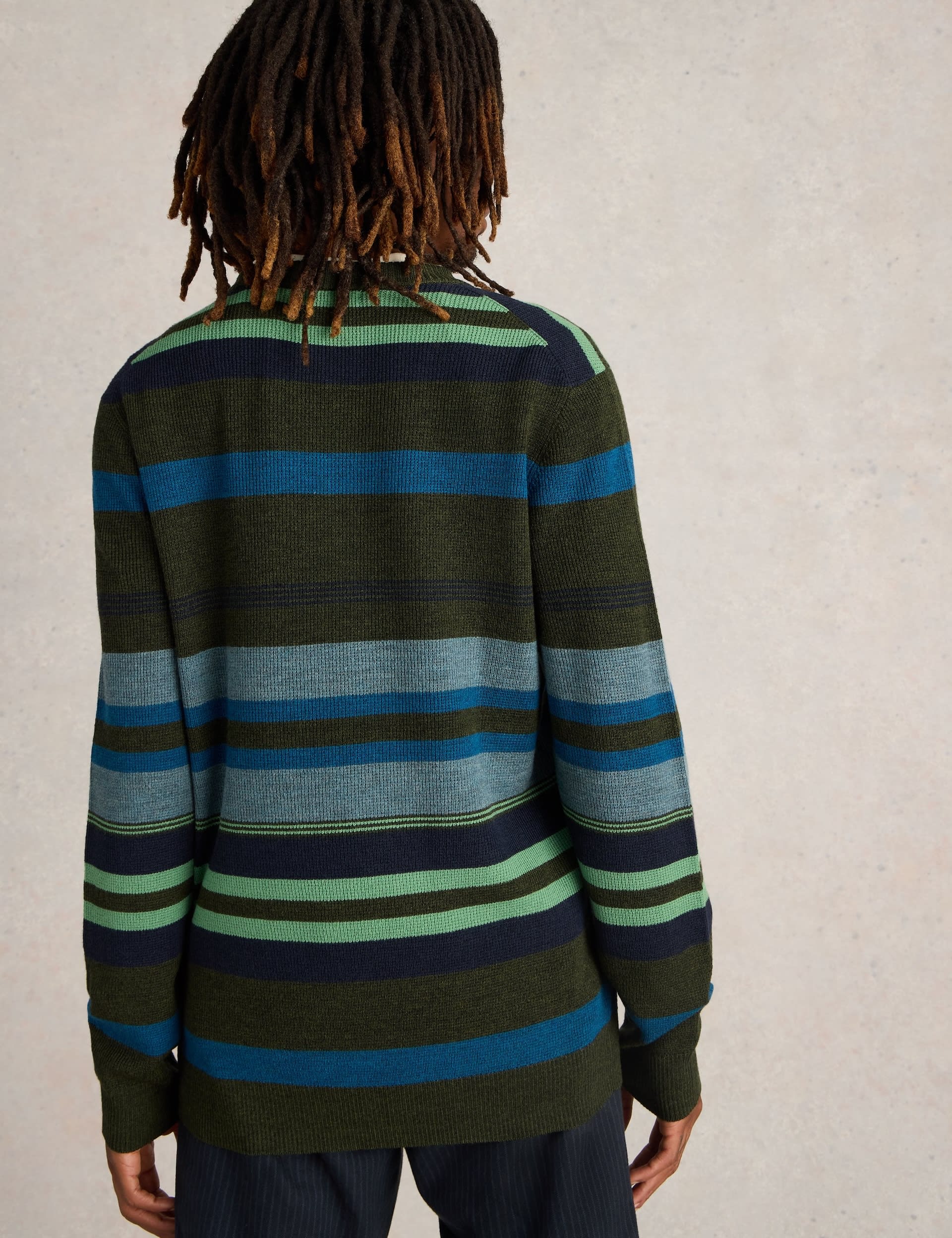 White Stuff Men's Pure Merino Wool Striped Crew Neck Jumper - Green Mix, Green Mix