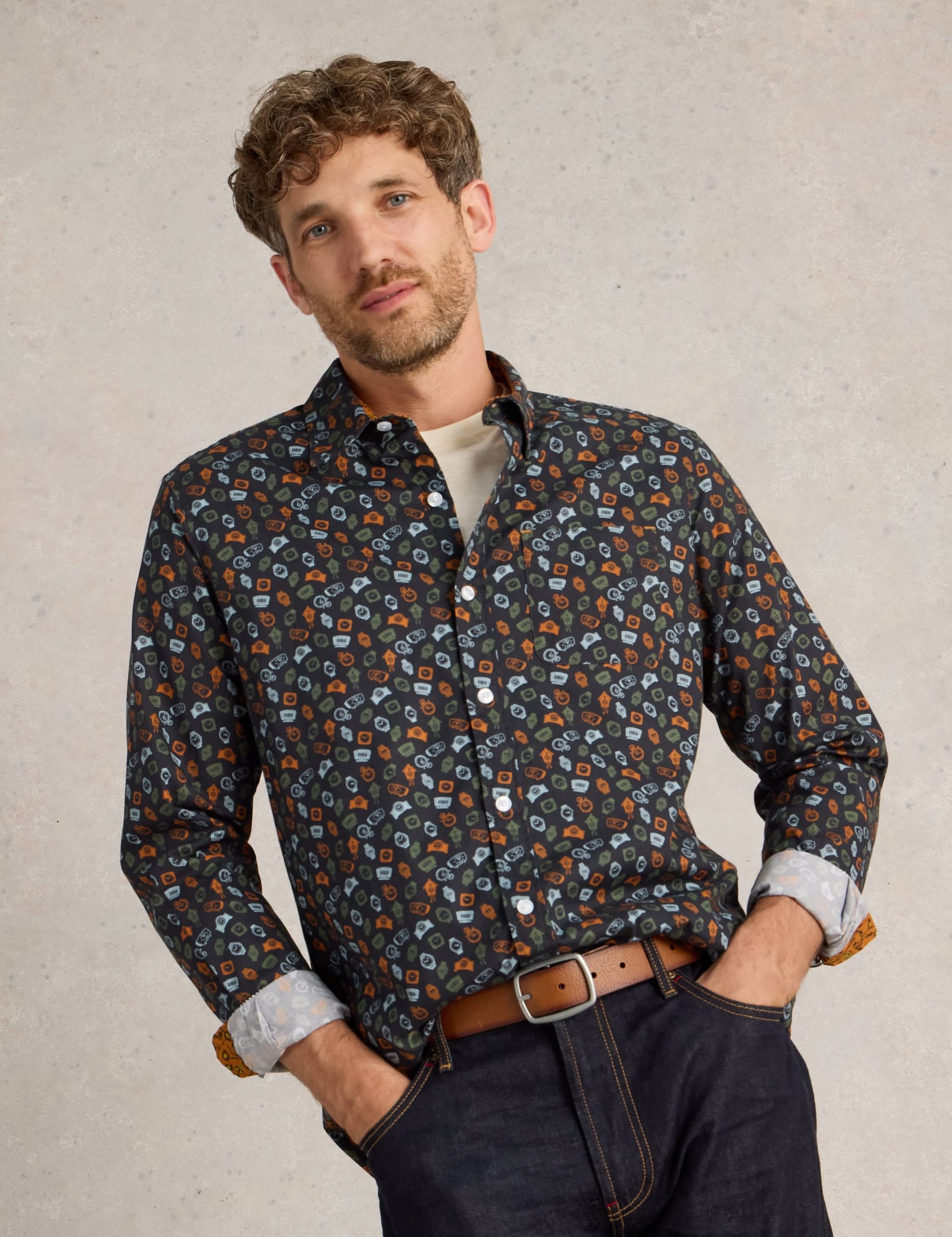 White Stuff Men's Slim Fit Cotton Rich Print Shirt - Navy Mix, Navy Mix