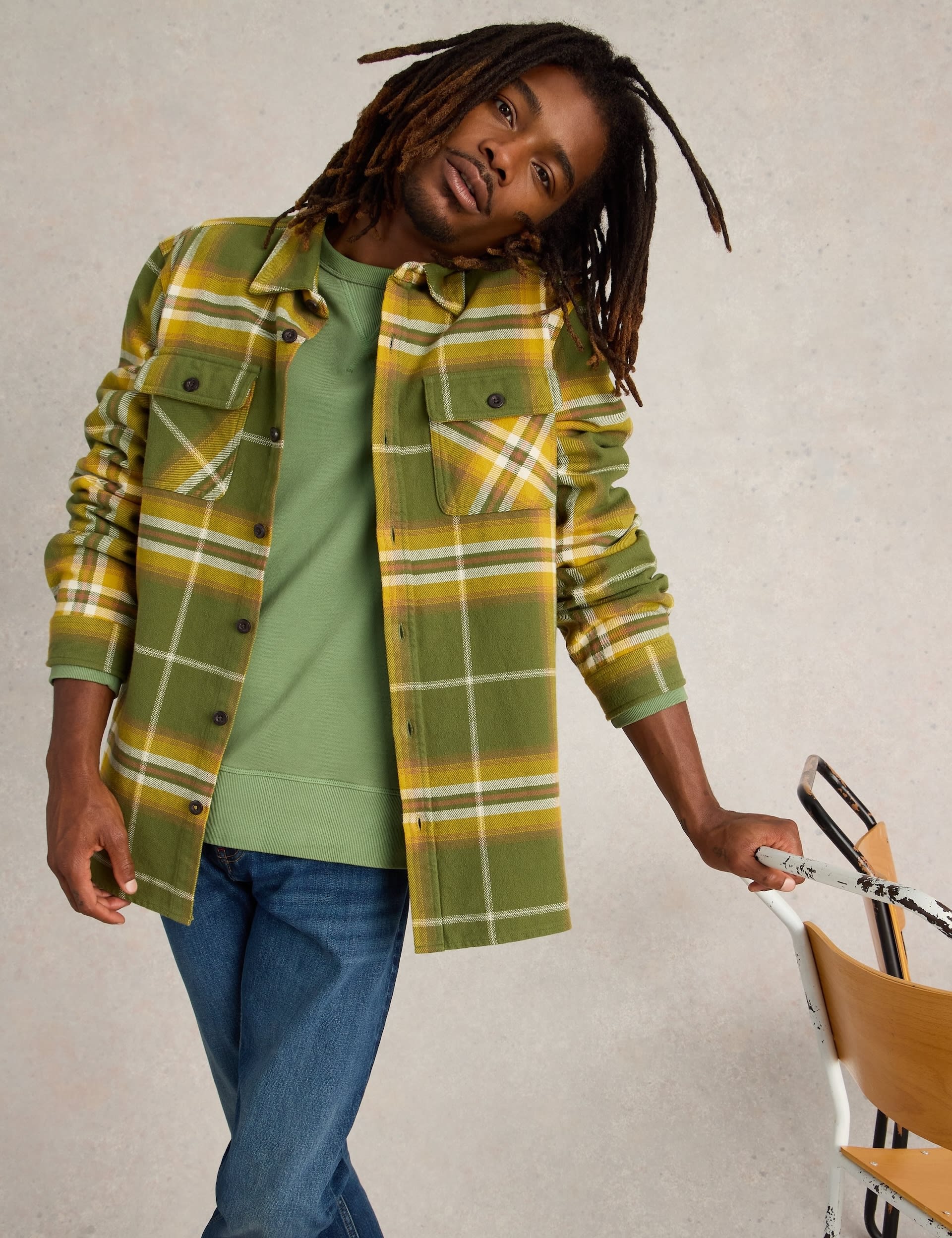 White Stuff Men's Pure Cotton Check Overshirt - Green Mix, Brown Mix,Green Mix