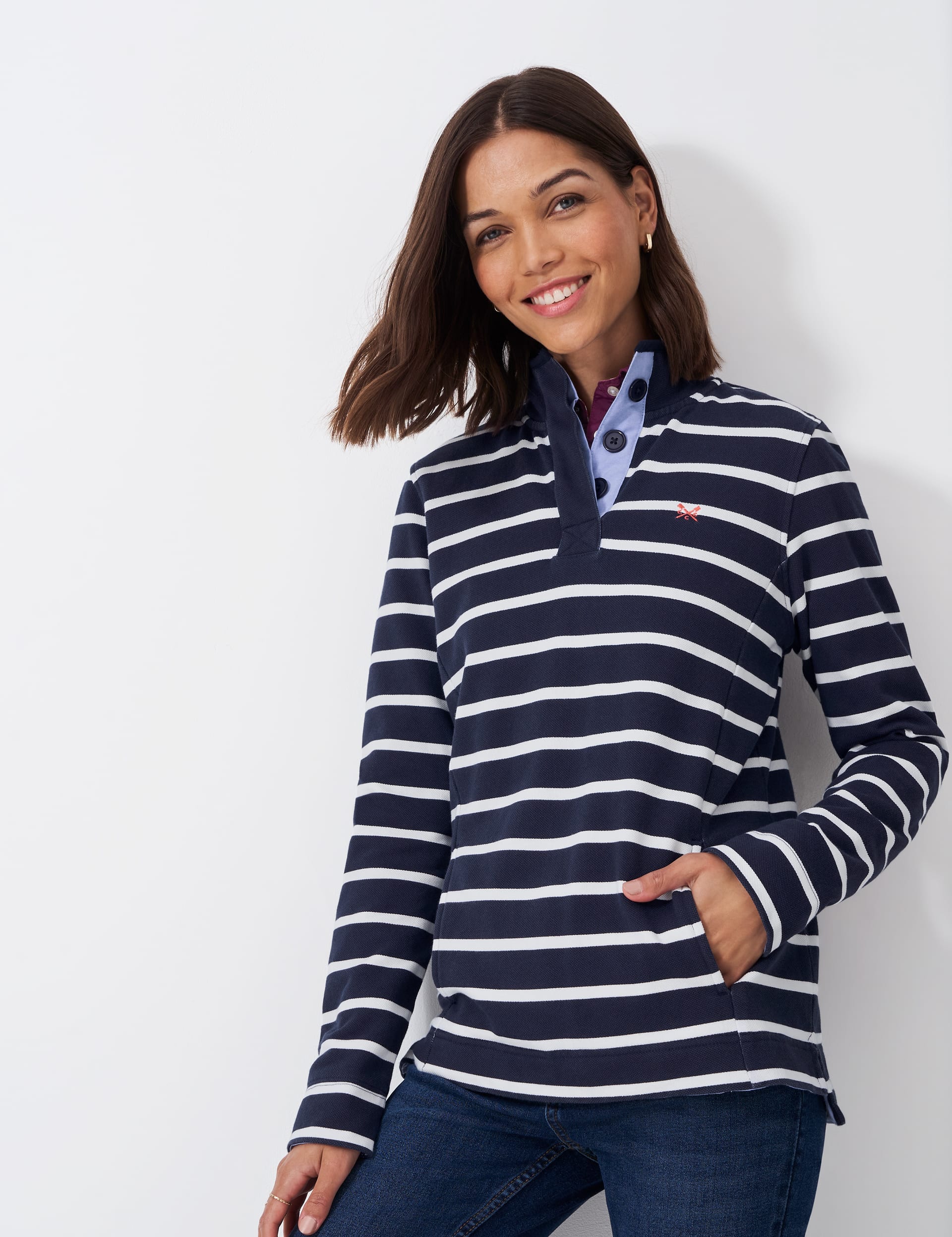 Crew Clothing Women's Pure Cotton Striped Funnel Neck Sweatshirt - 12 - Blue Mix, Blue Mix