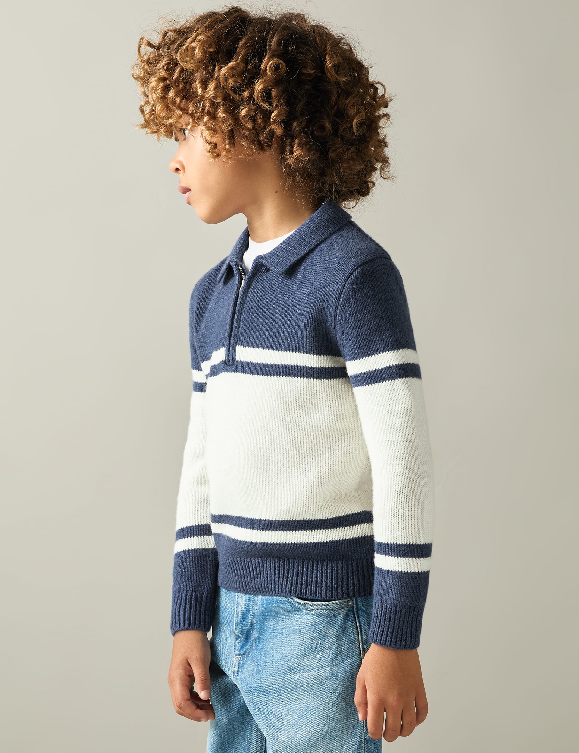 Reiss Boys Striped Half Zip Knitted Polo Shirt (3-14 Yrs) - 11-12 - Blue Mix, Blue Mix