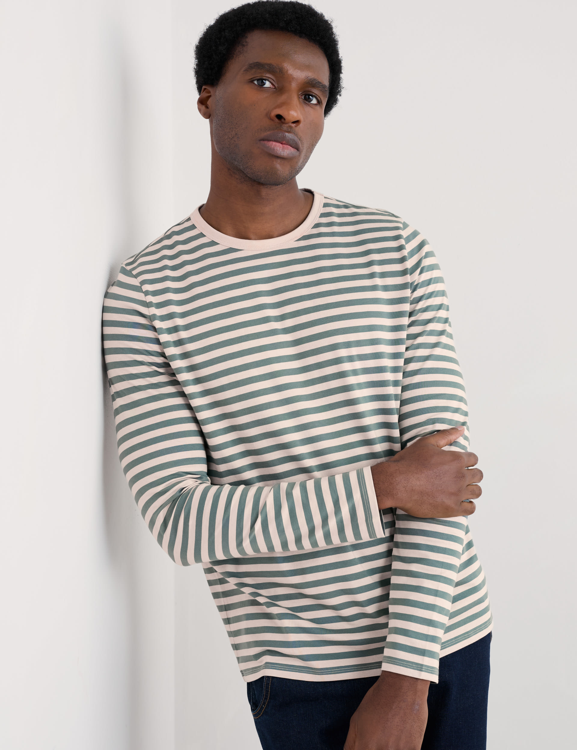 Seasalt Cornwall Men's Pure Cotton Striped Crew Neck Top - M - Green Mix, Green Mix