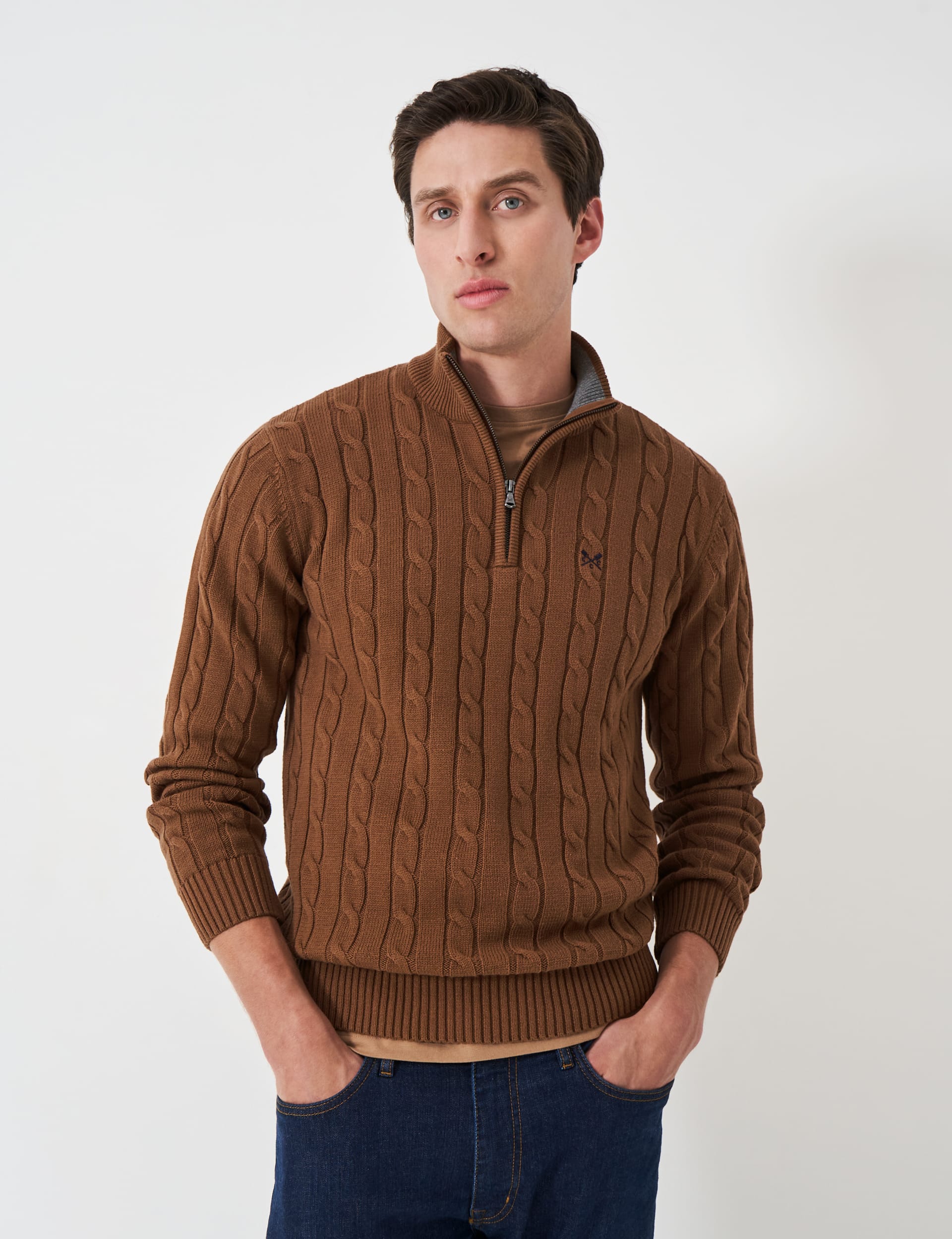 Crew Clothing Men's Pure Cotton Cable Half Zip Jumper - XL - Brown, Brown,Red