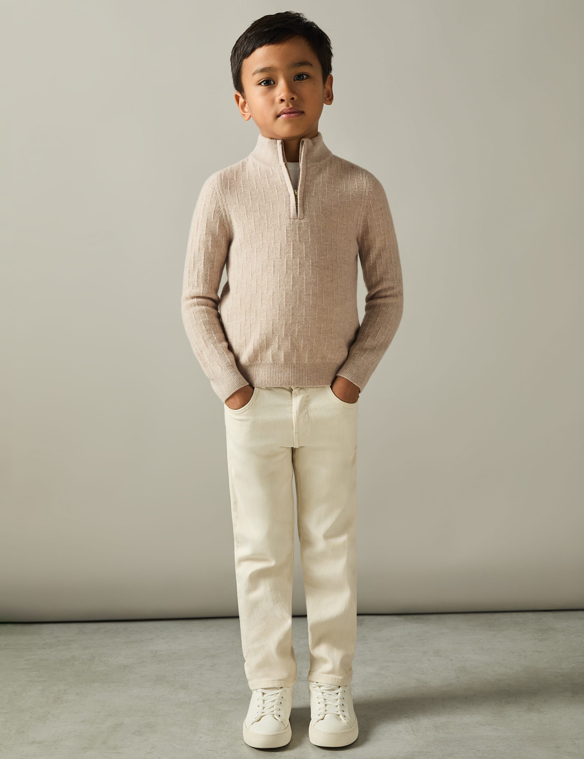 Reiss Boys Pure Wool Textured Half Zip Jumper (3-14 Yrs) - 8-9 Y - Natural, Natural