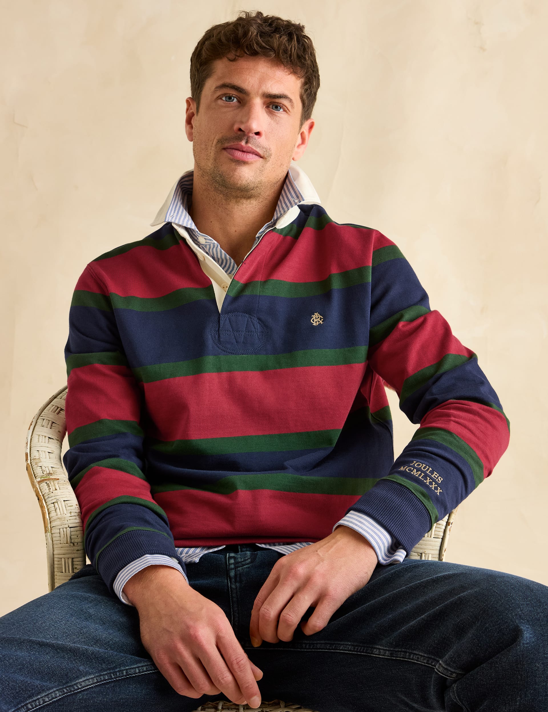 Joules Men's Pure Cotton Striped Rugby Shirt - M - Red Mix, Red Mix