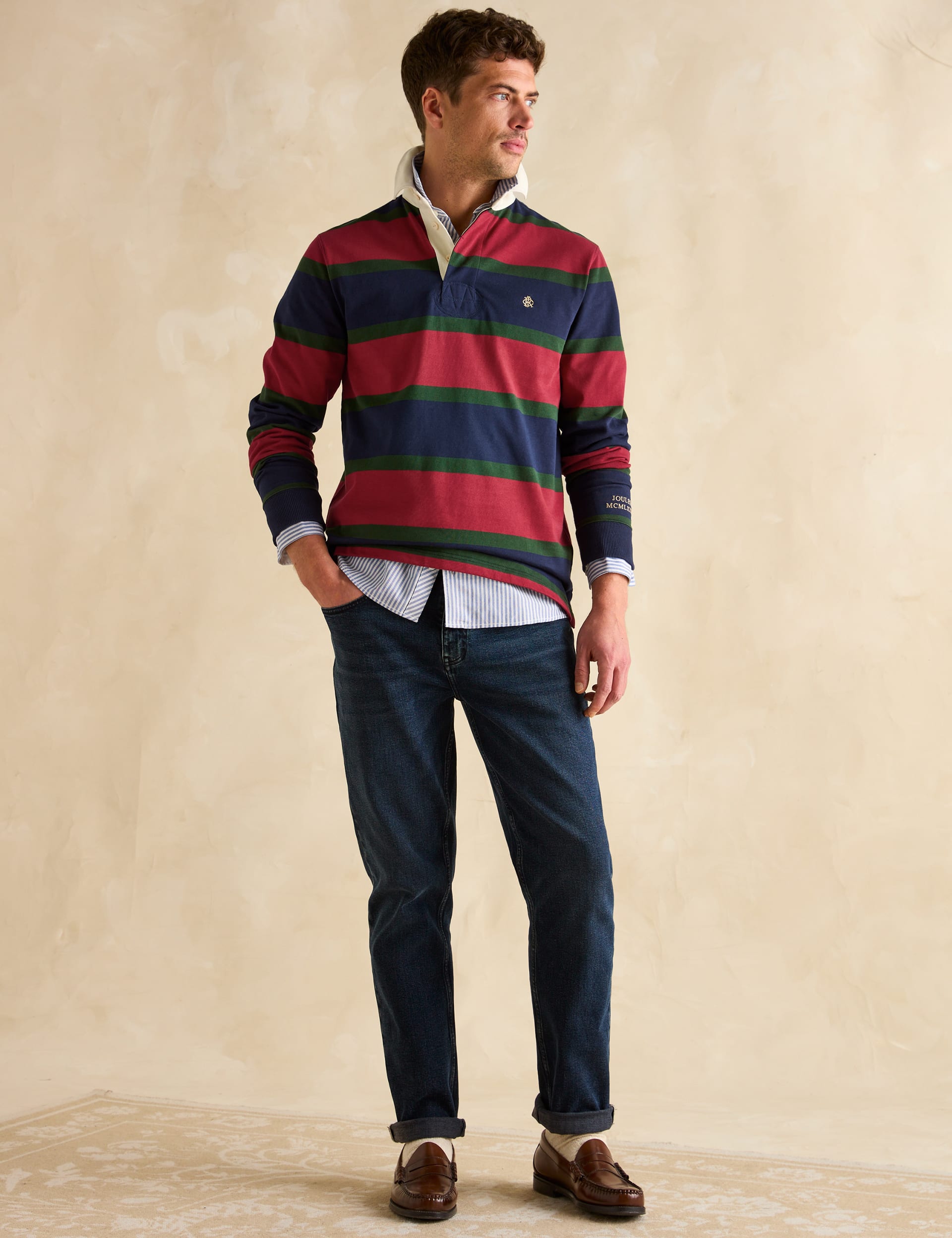 Joules Men's Pure Cotton Striped Rugby Shirt - M - Red Mix, Red Mix