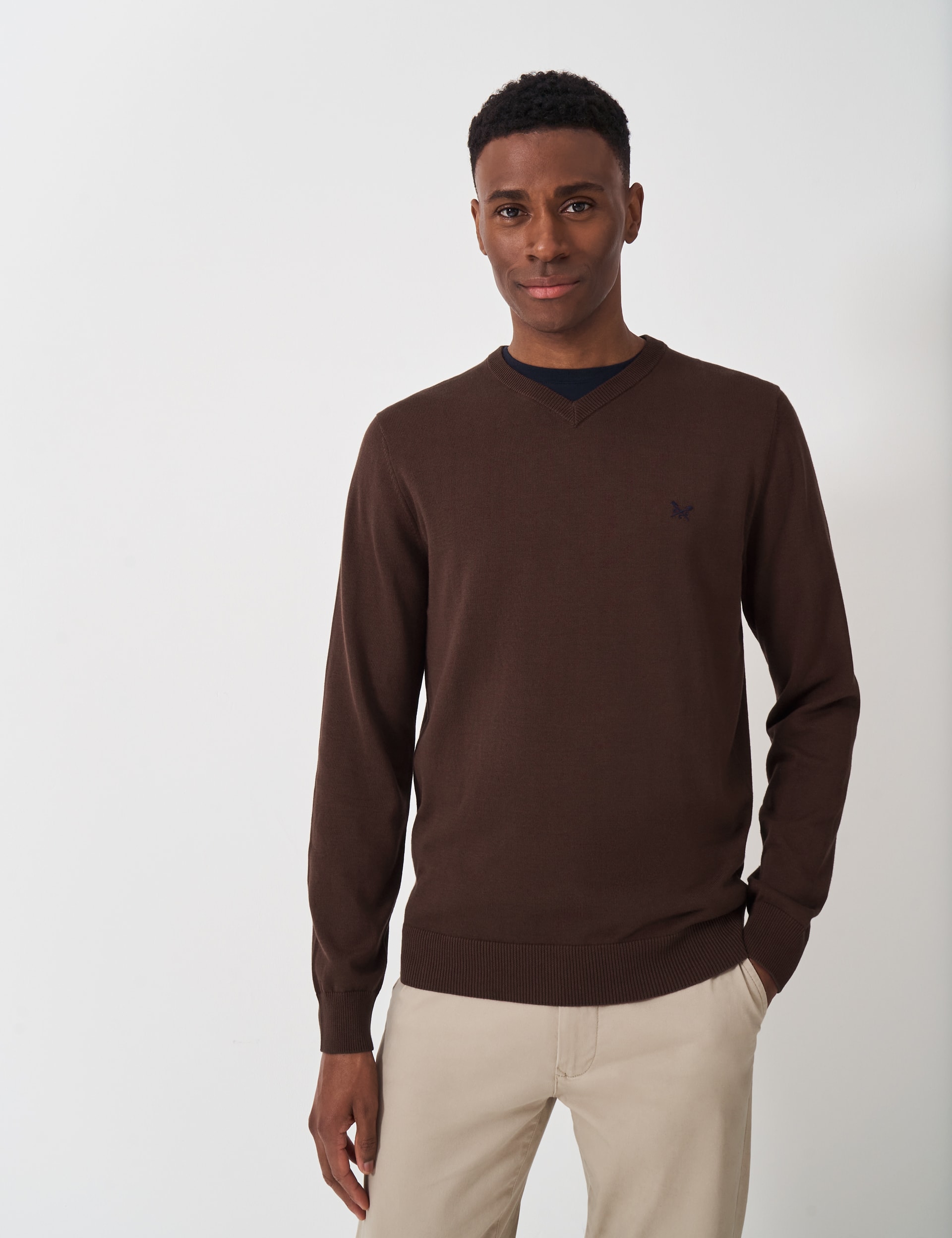 Crew Clothing Men's Pure Cotton V-Neck Jumper - L - Chocolate, Medium Blue,Chocolate