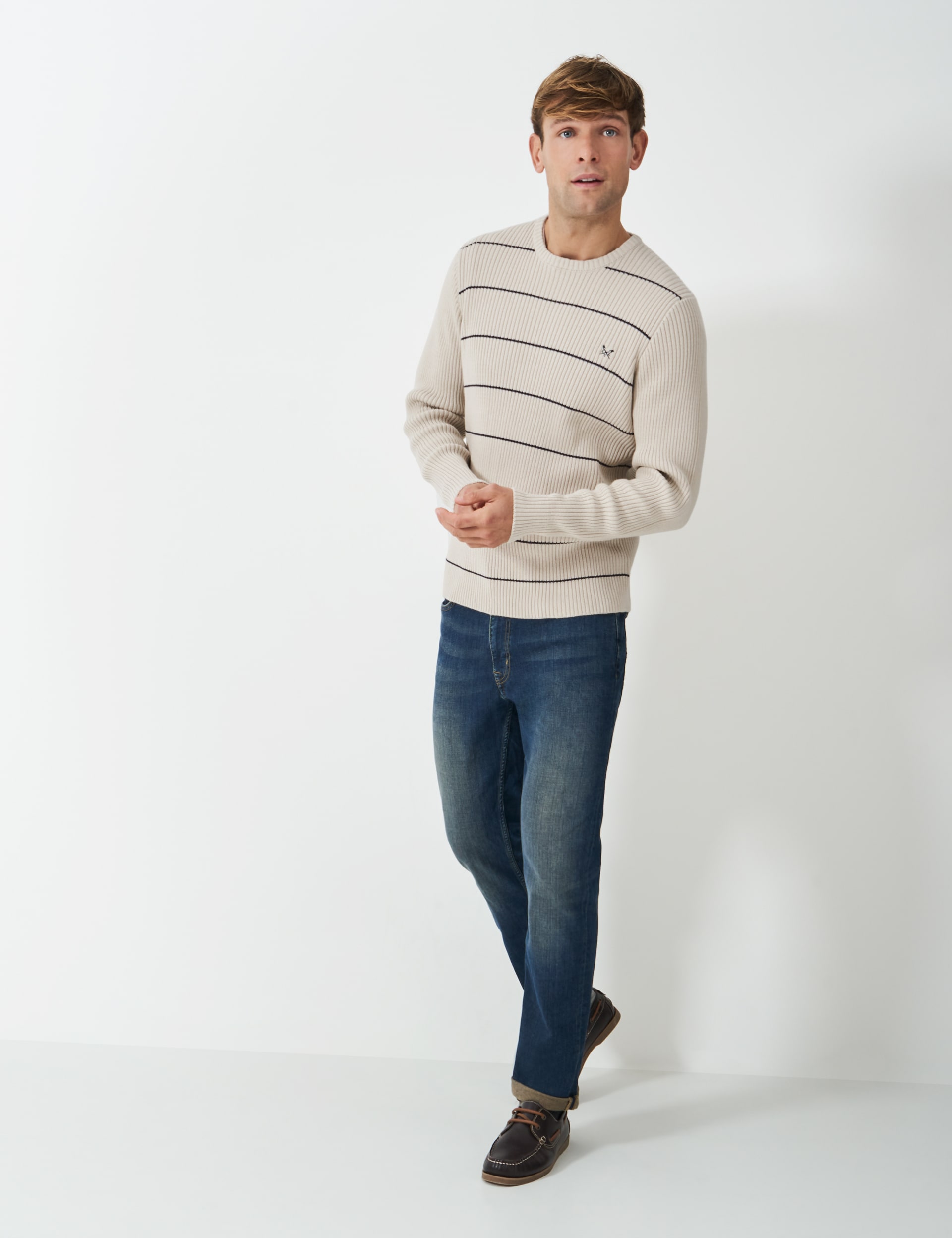 Crew Clothing Men's Pure Cotton Ribbed Striped Crew Neck Jumper - XL - Beige Mix, Beige Mix