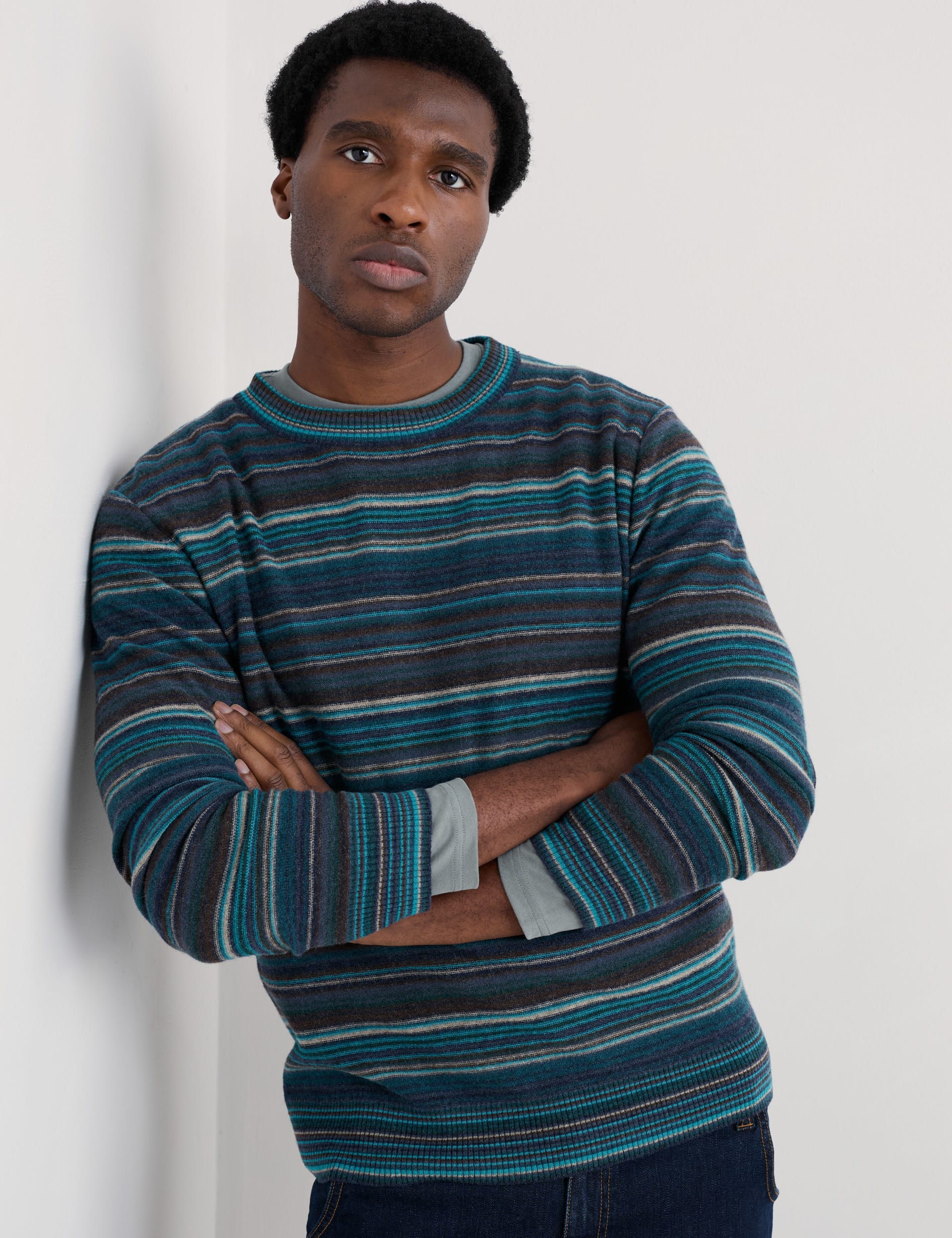 Seasalt Cornwall Men's Lambswool Rich Crew Neck Ribbed Jumper - Blue Mix, Blue Mix