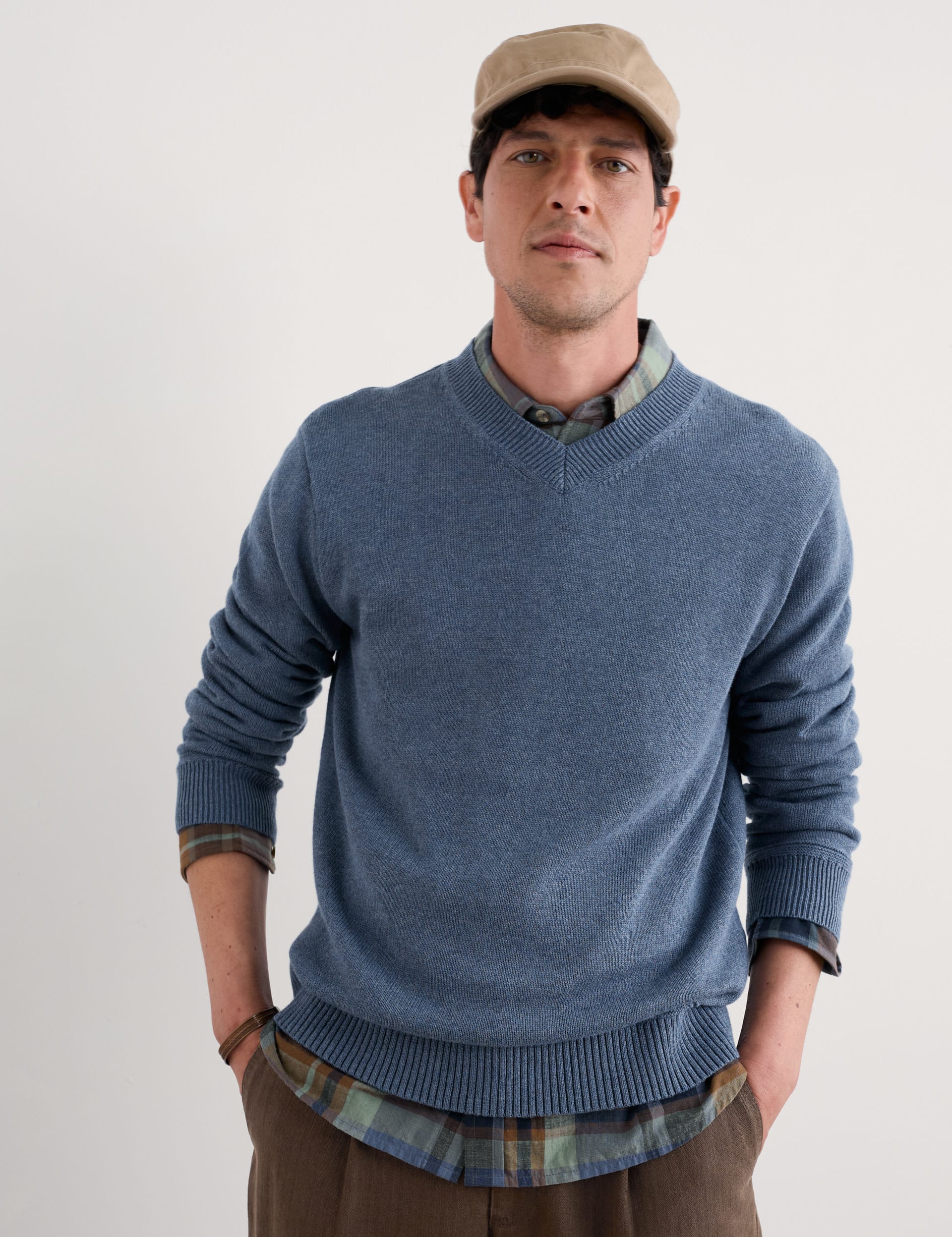 Seasalt Cornwall Men's Pure Cotton Ribbed V-Neck Jumper - L - Blue, Blue